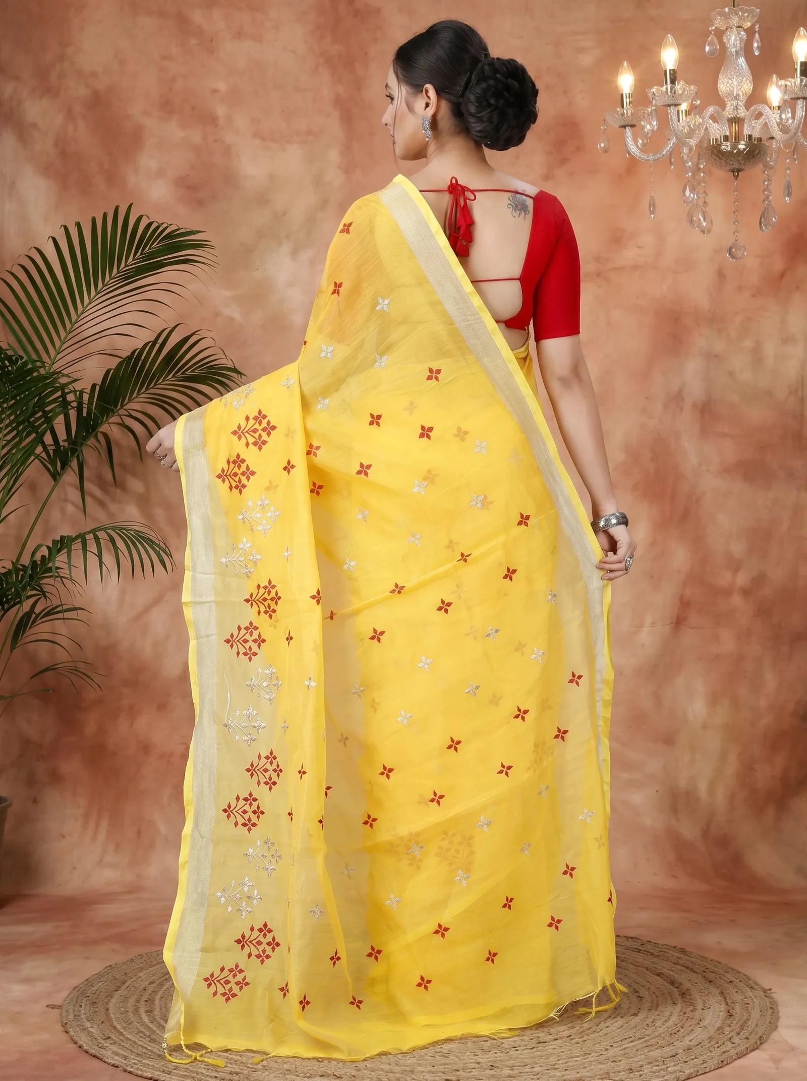 DipDiya Blended Cotton  Traditional Bengali Yellow Artisan Crafted Tamasi Handloom Saree