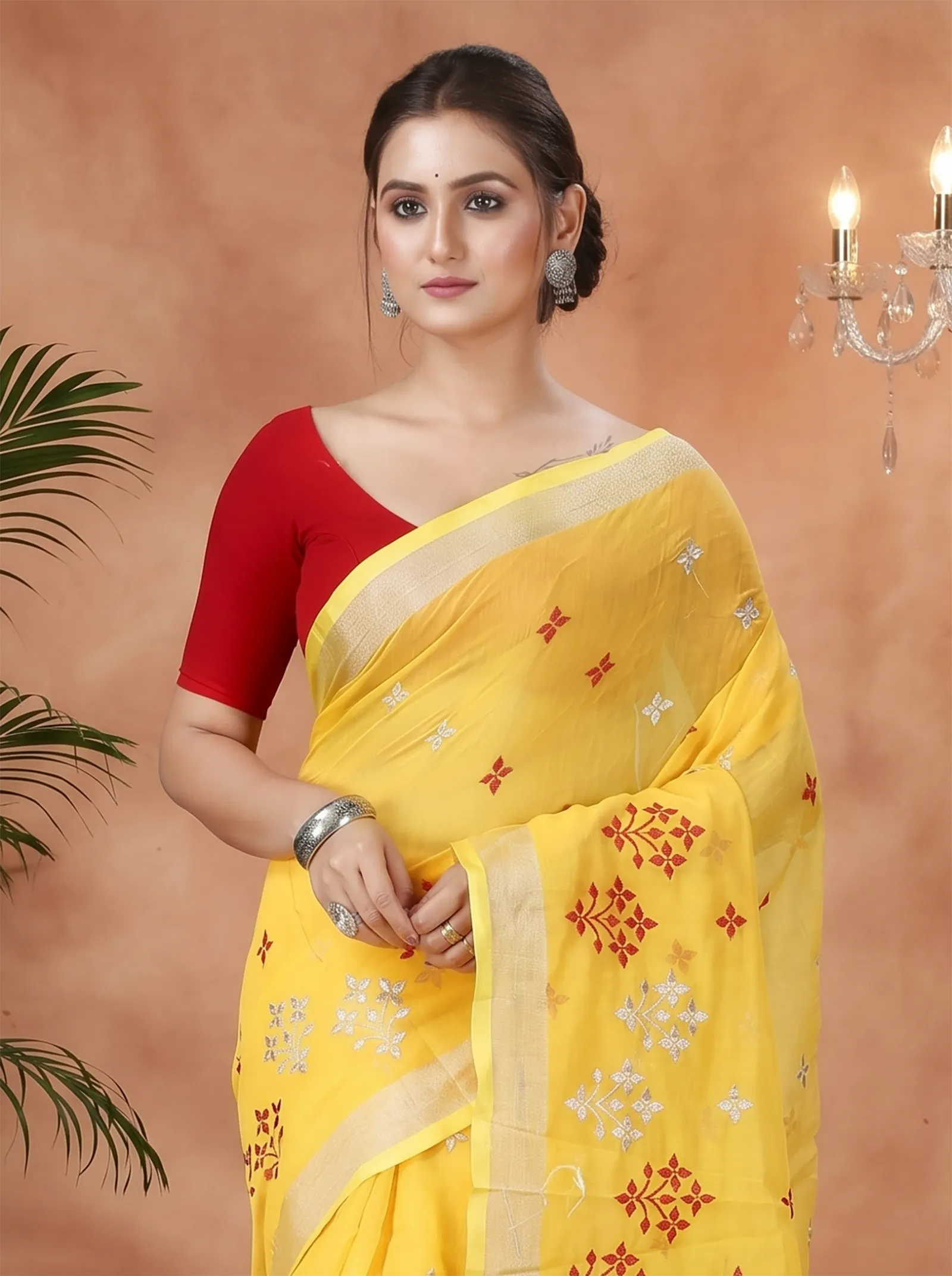 DipDiya Blended Cotton  Traditional Bengali Yellow Artisan Crafted Tamasi Handloom Saree