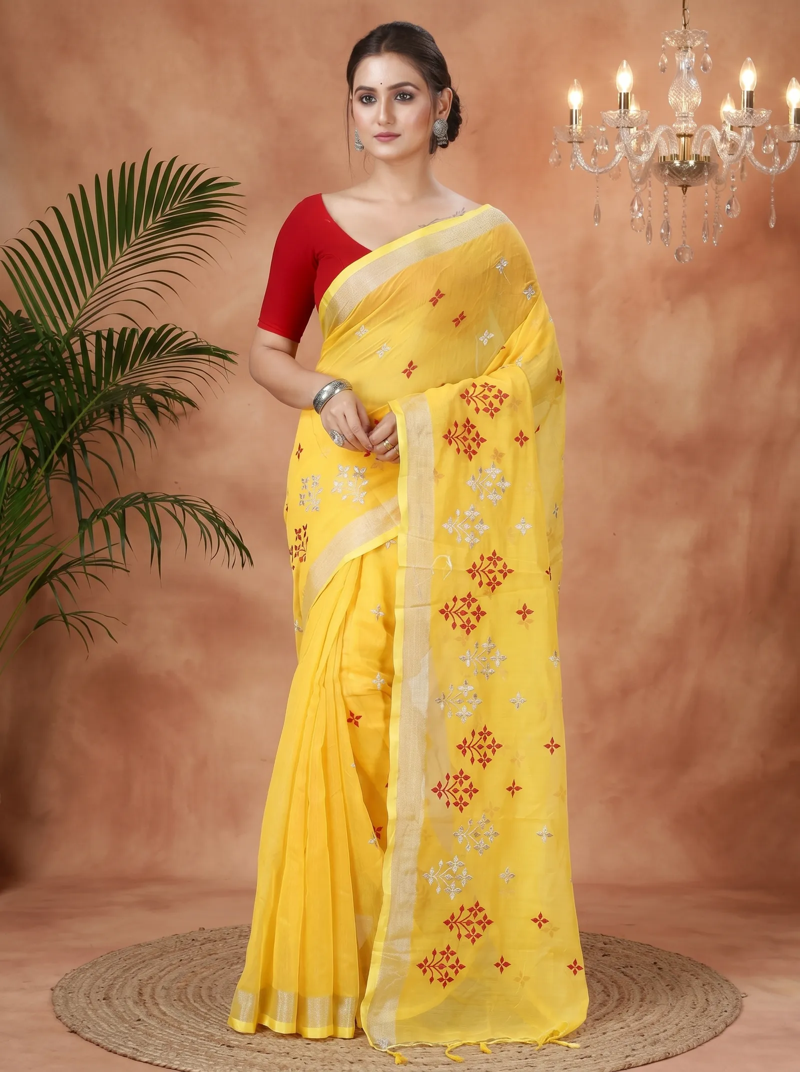 DipDiya Blended Cotton  Traditional Bengali Yellow Artisan Crafted Tamasi Handloom Saree