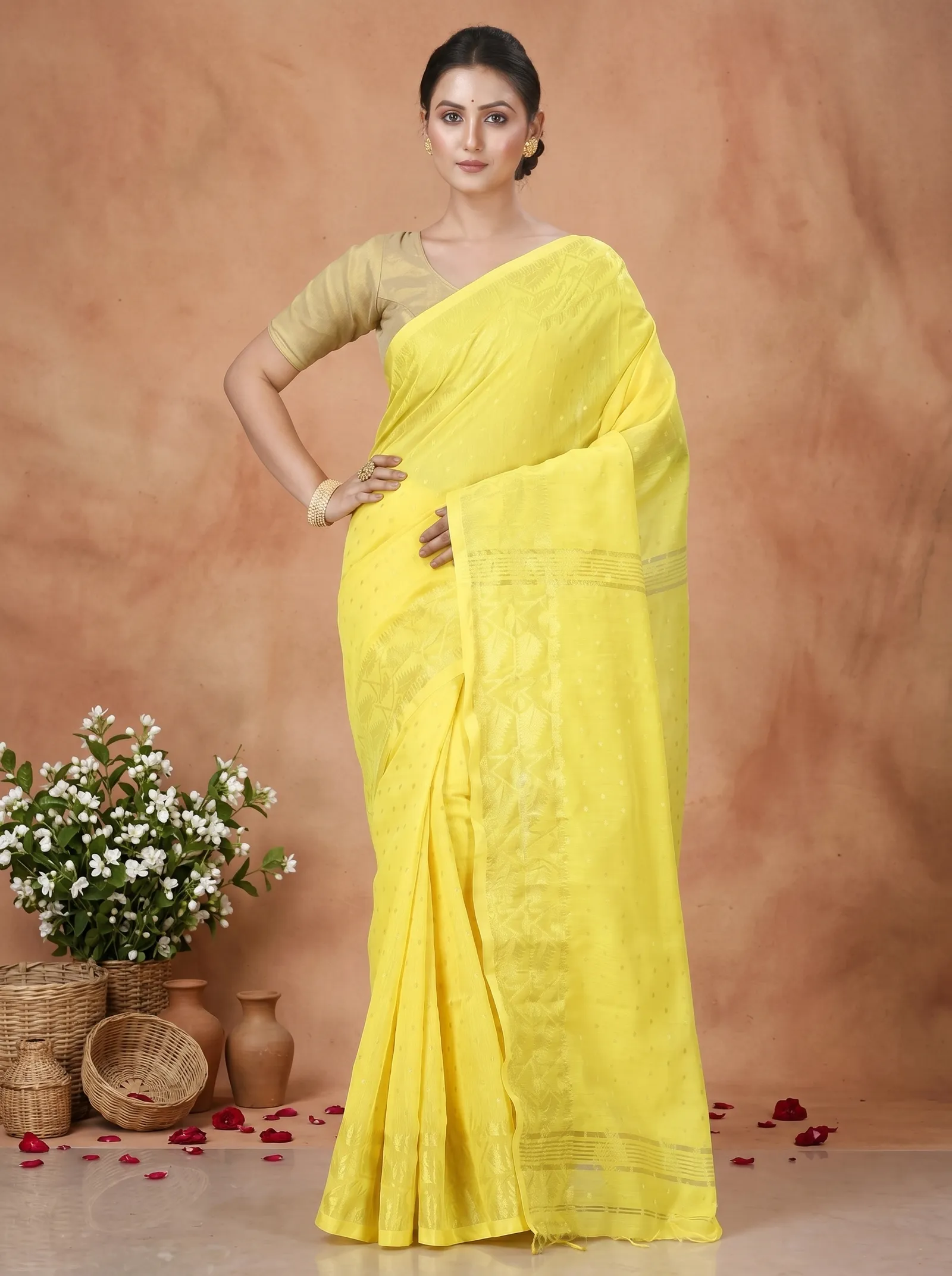 DipDiya Blended Cotton  Traditional Bengali Yellow Artisan Crafted Temo Handloom Saree