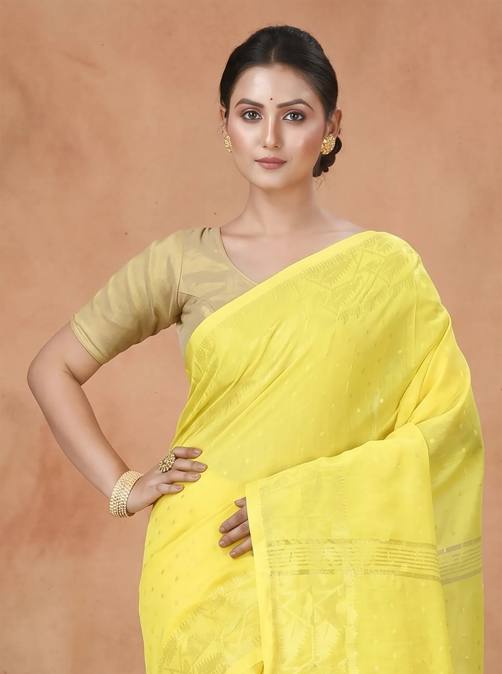 DipDiya Blended Cotton  Traditional Bengali Yellow Artisan Crafted Temo Handloom Saree