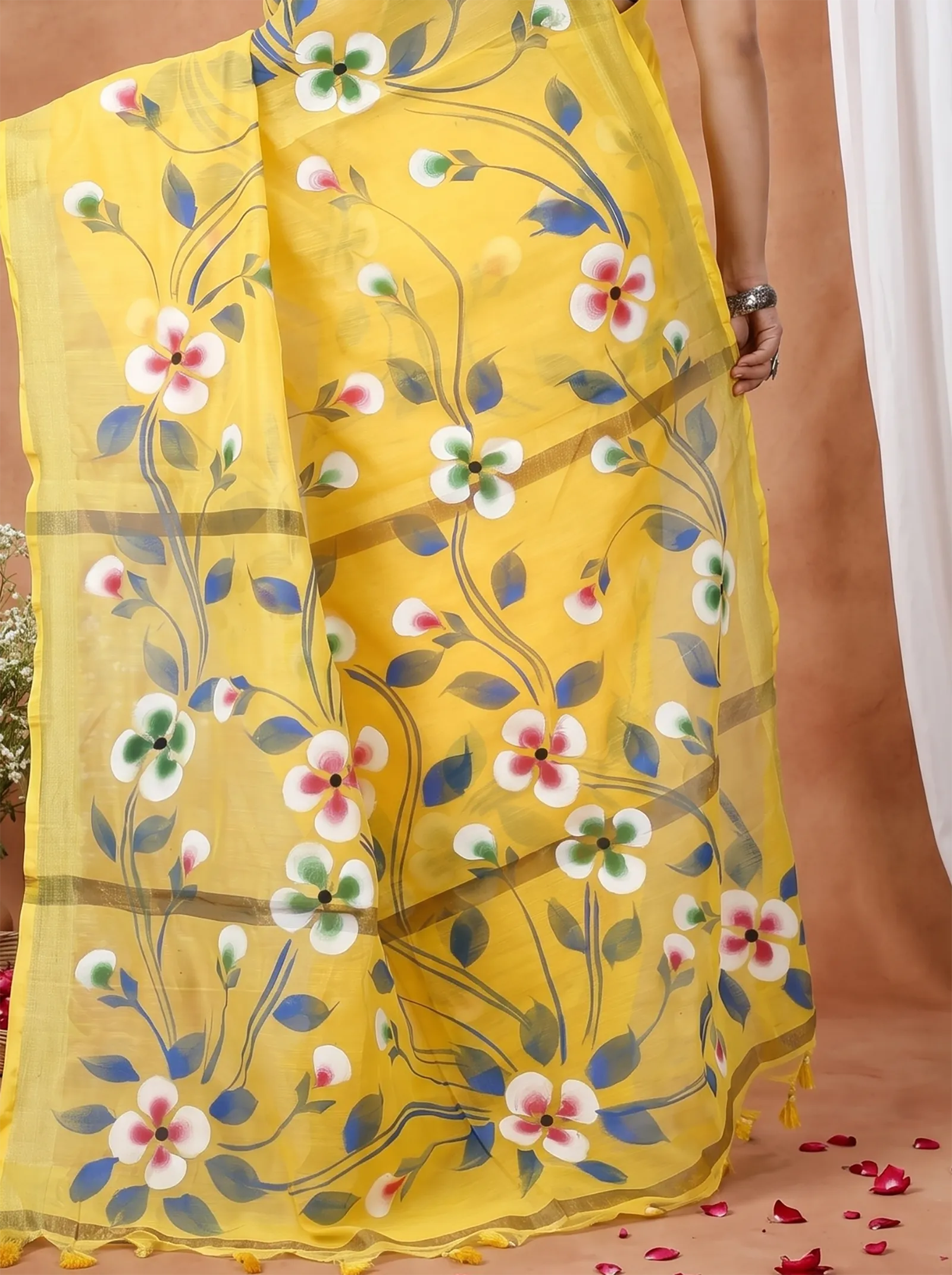 DipDiya Blended Cotton  Traditional Bengali Yellow Artisan Crafted Tonika Hand Painted Saree