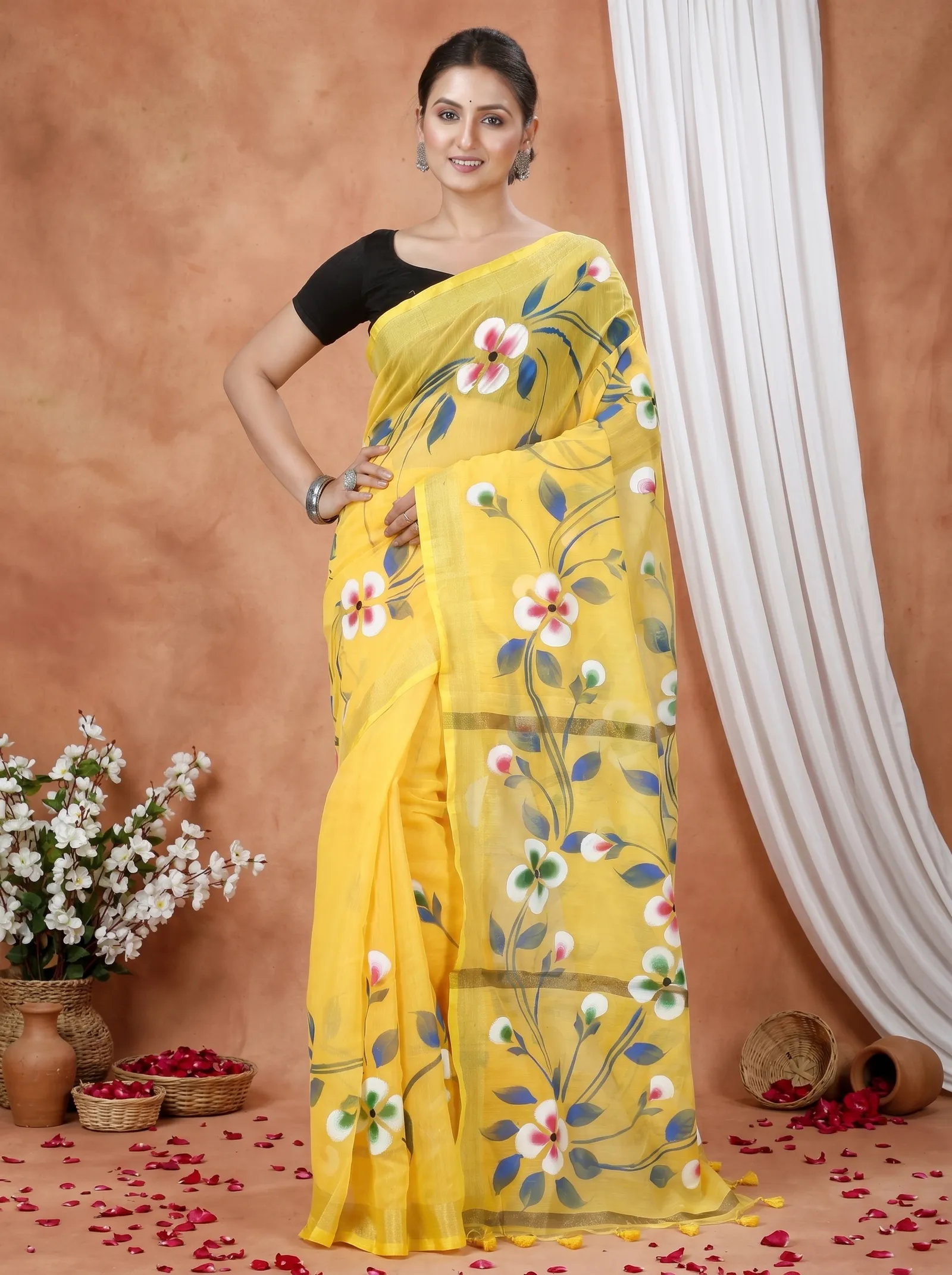 DipDiya Blended Cotton  Traditional Bengali Yellow Artisan Crafted Tonika Hand Painted Saree