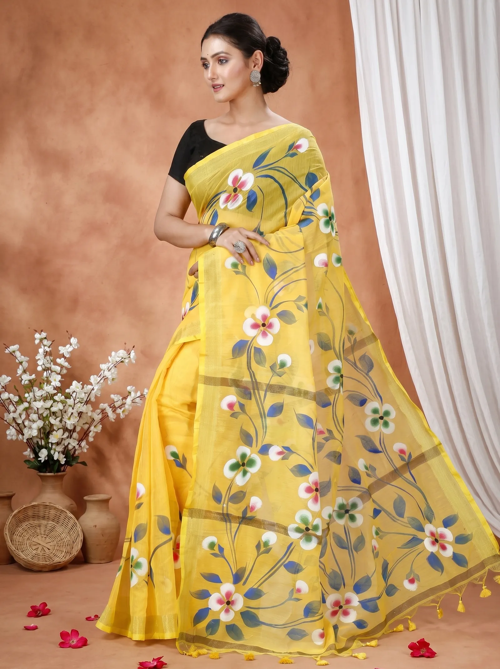 DipDiya Blended Cotton  Traditional Bengali Yellow Artisan Crafted Tonika Hand Painted Saree
