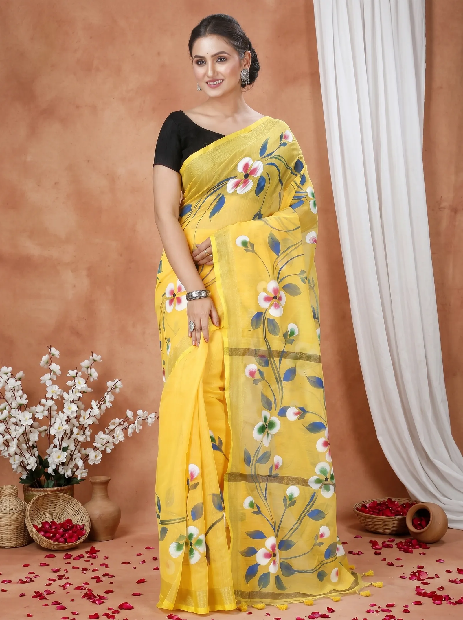 DipDiya Blended Cotton  Traditional Bengali Yellow Artisan Crafted Tonika Hand Painted Saree
