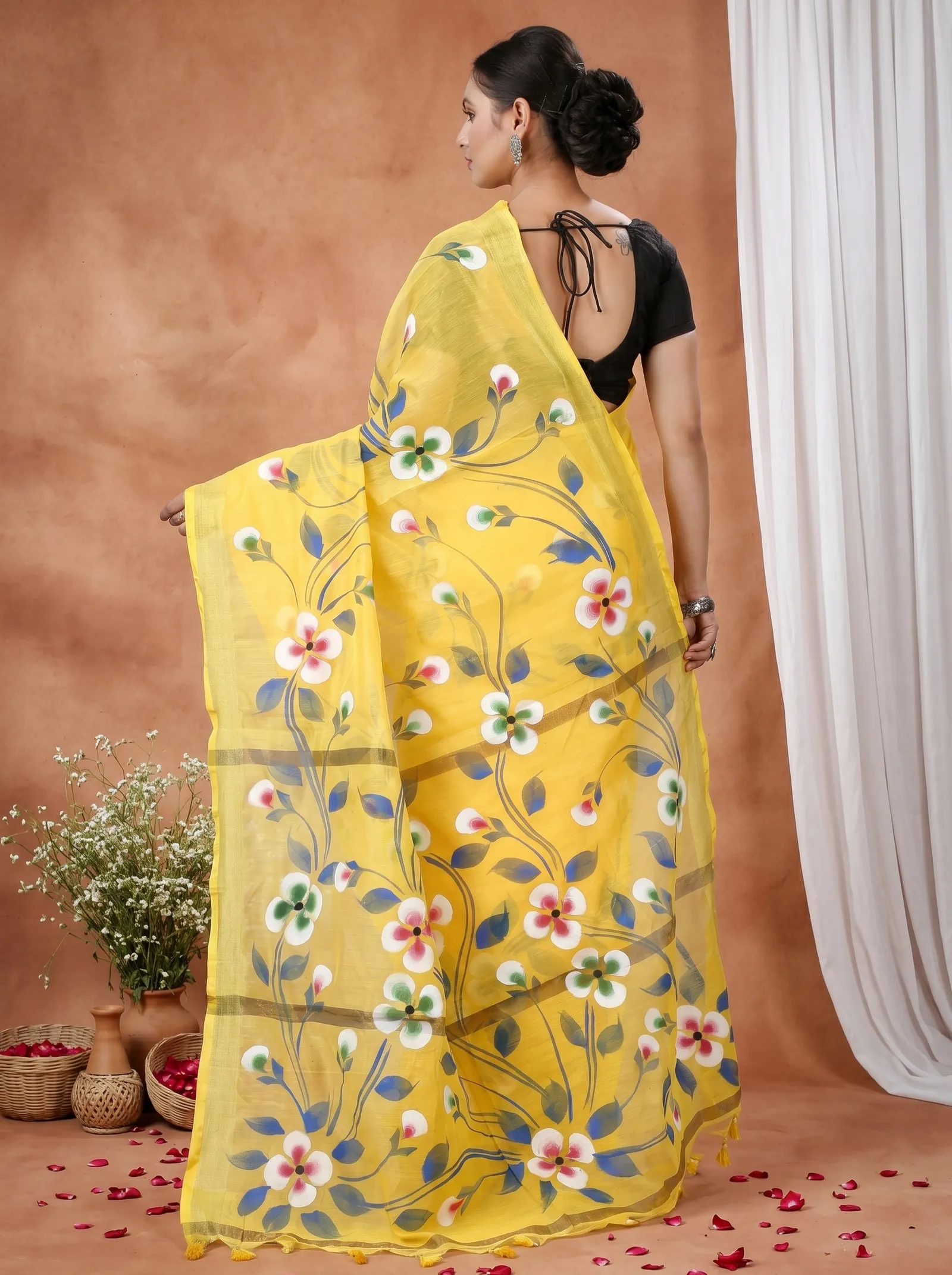 DipDiya Blended Cotton  Traditional Bengali Yellow Artisan Crafted Tonika Hand Painted Saree