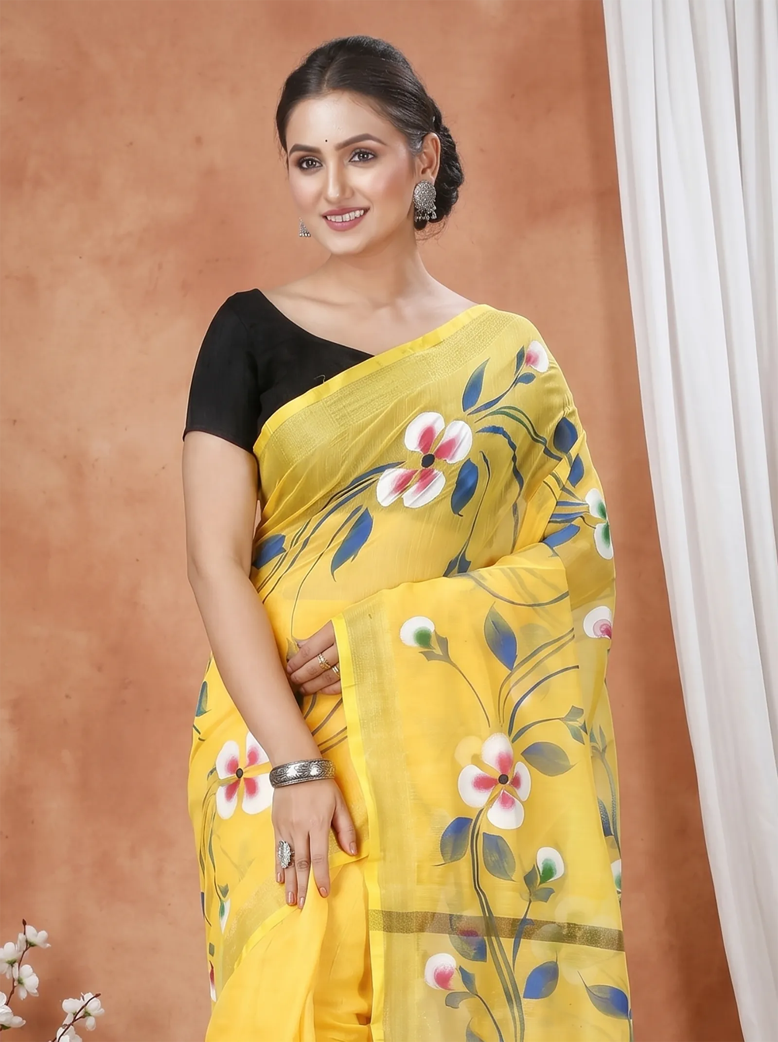 DipDiya Blended Cotton  Traditional Bengali Yellow Artisan Crafted Tonika Hand Painted Saree