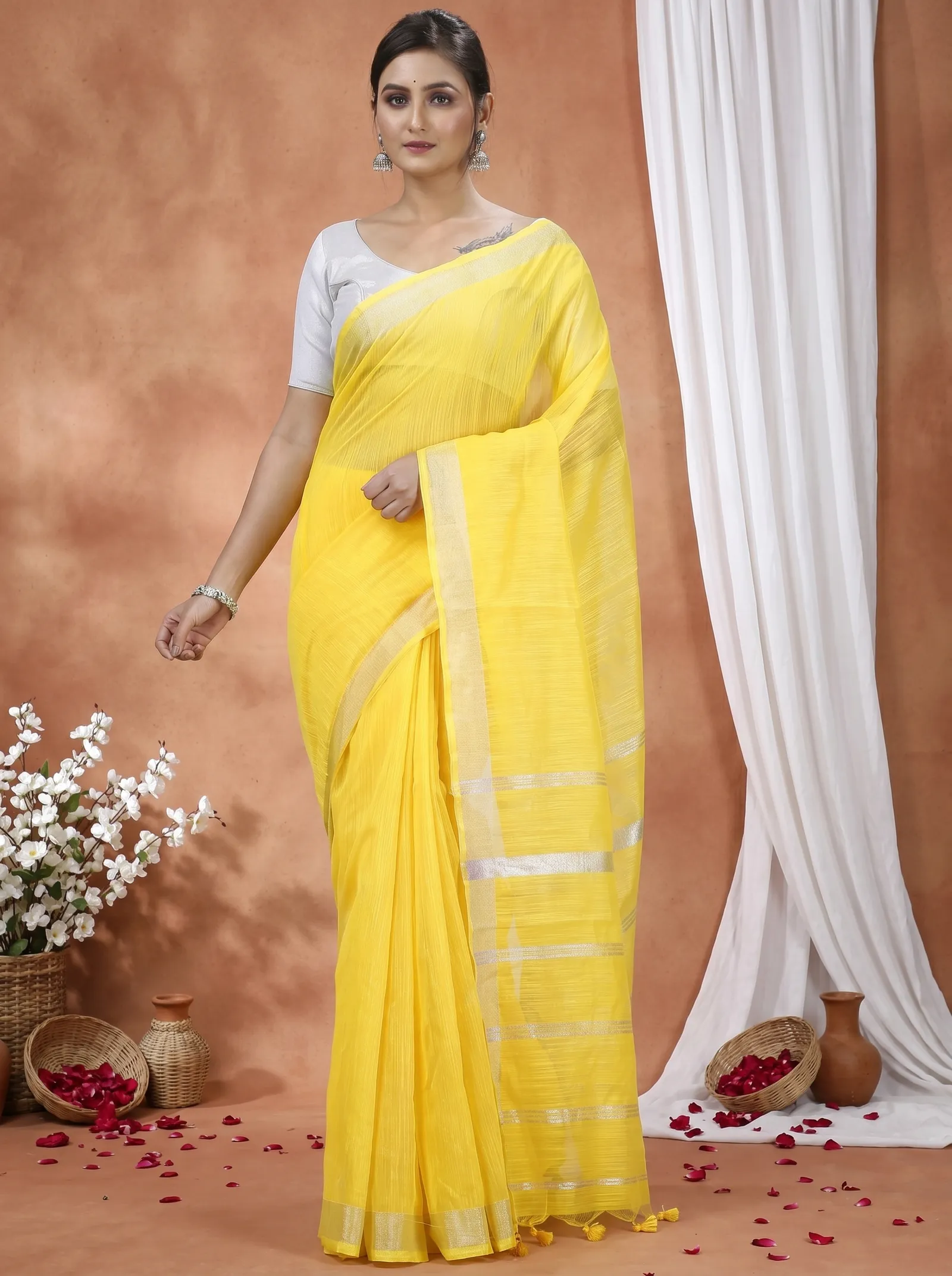 DipDiya Blended Cotton  Traditional Bengali Yellow Artisan Crafted Toshini Handloom Saree