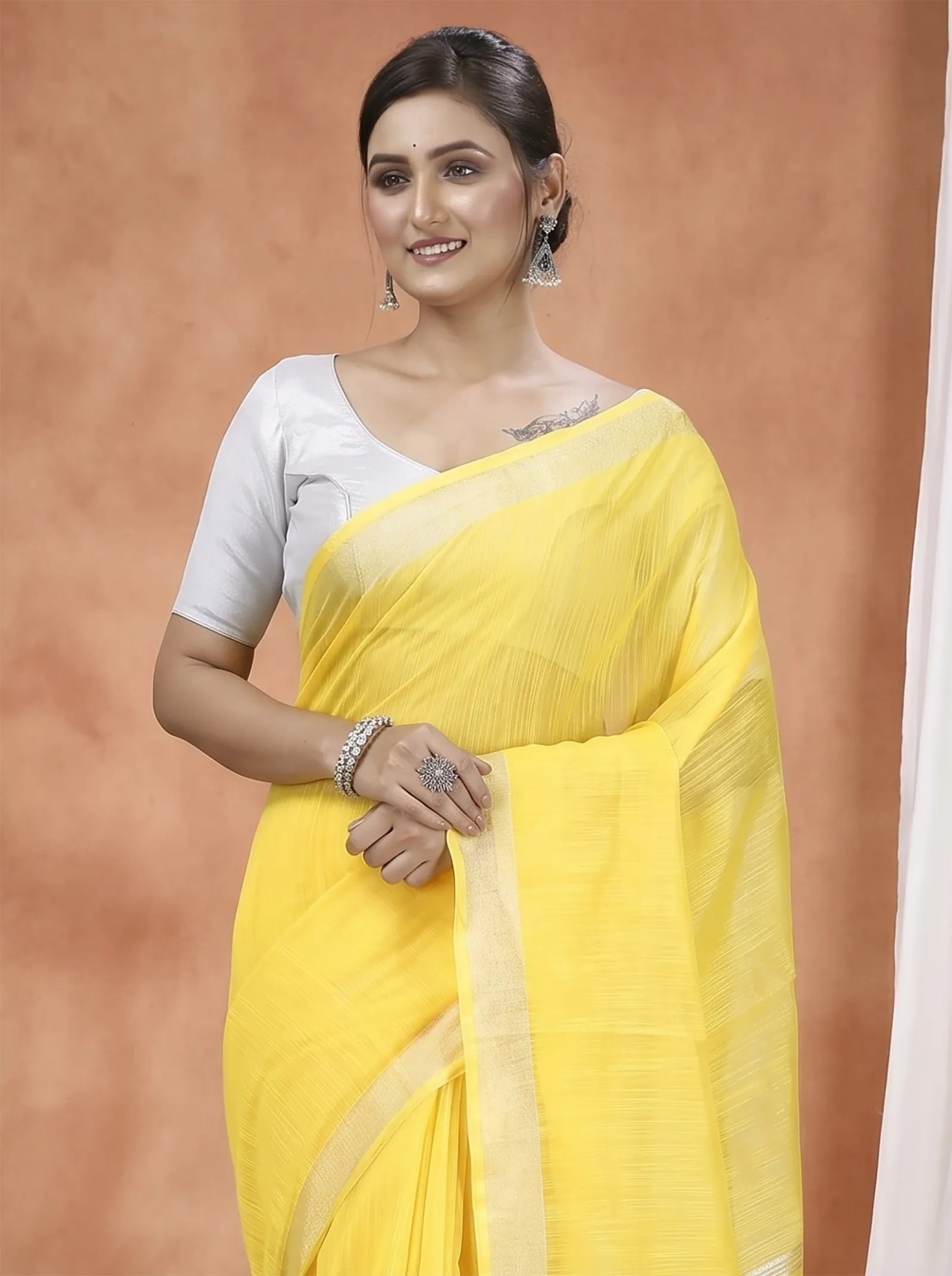 DipDiya Blended Cotton  Traditional Bengali Yellow Artisan Crafted Toshini Handloom Saree