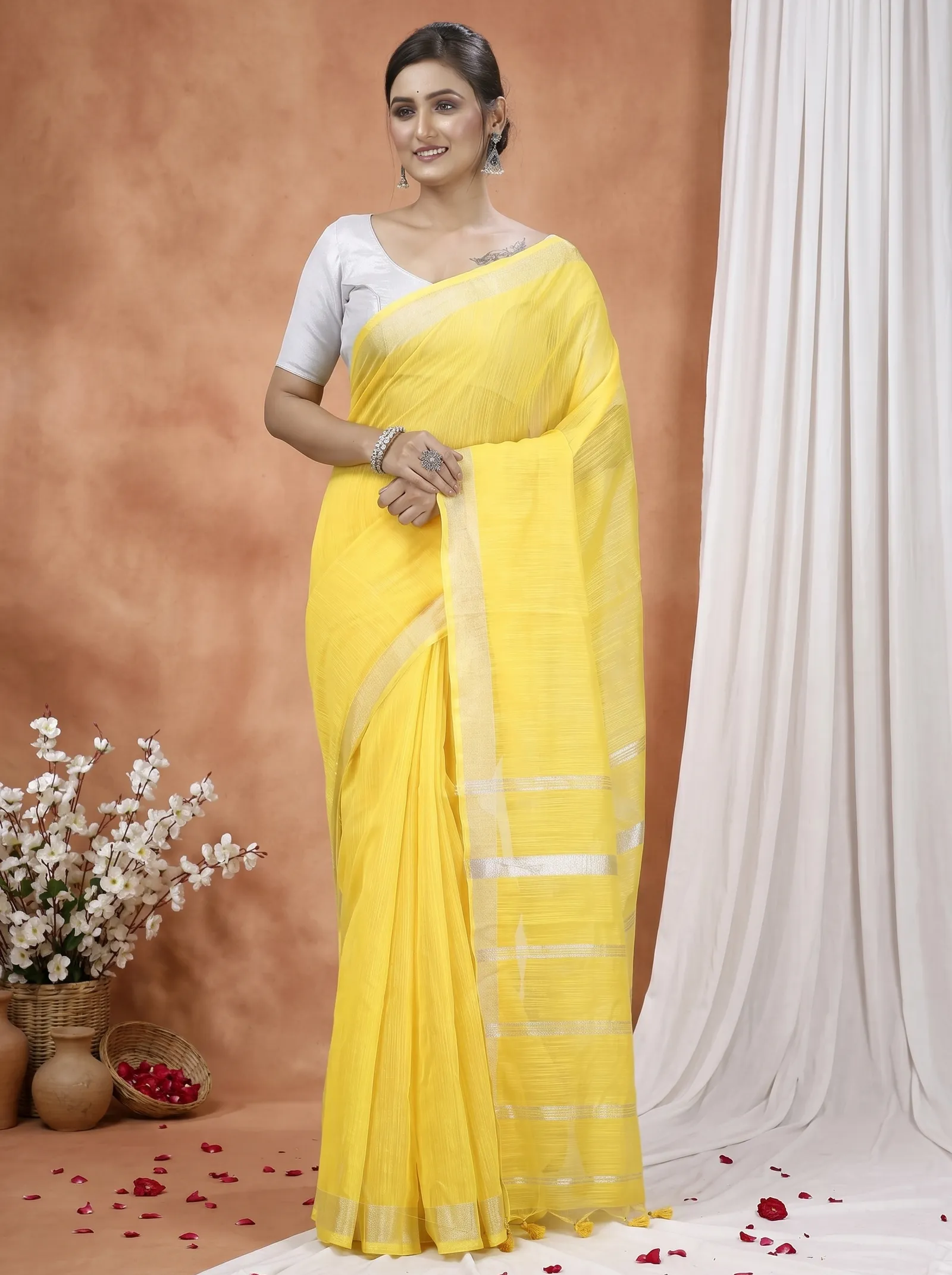 DipDiya Blended Cotton  Traditional Bengali Yellow Artisan Crafted Toshini Handloom Saree