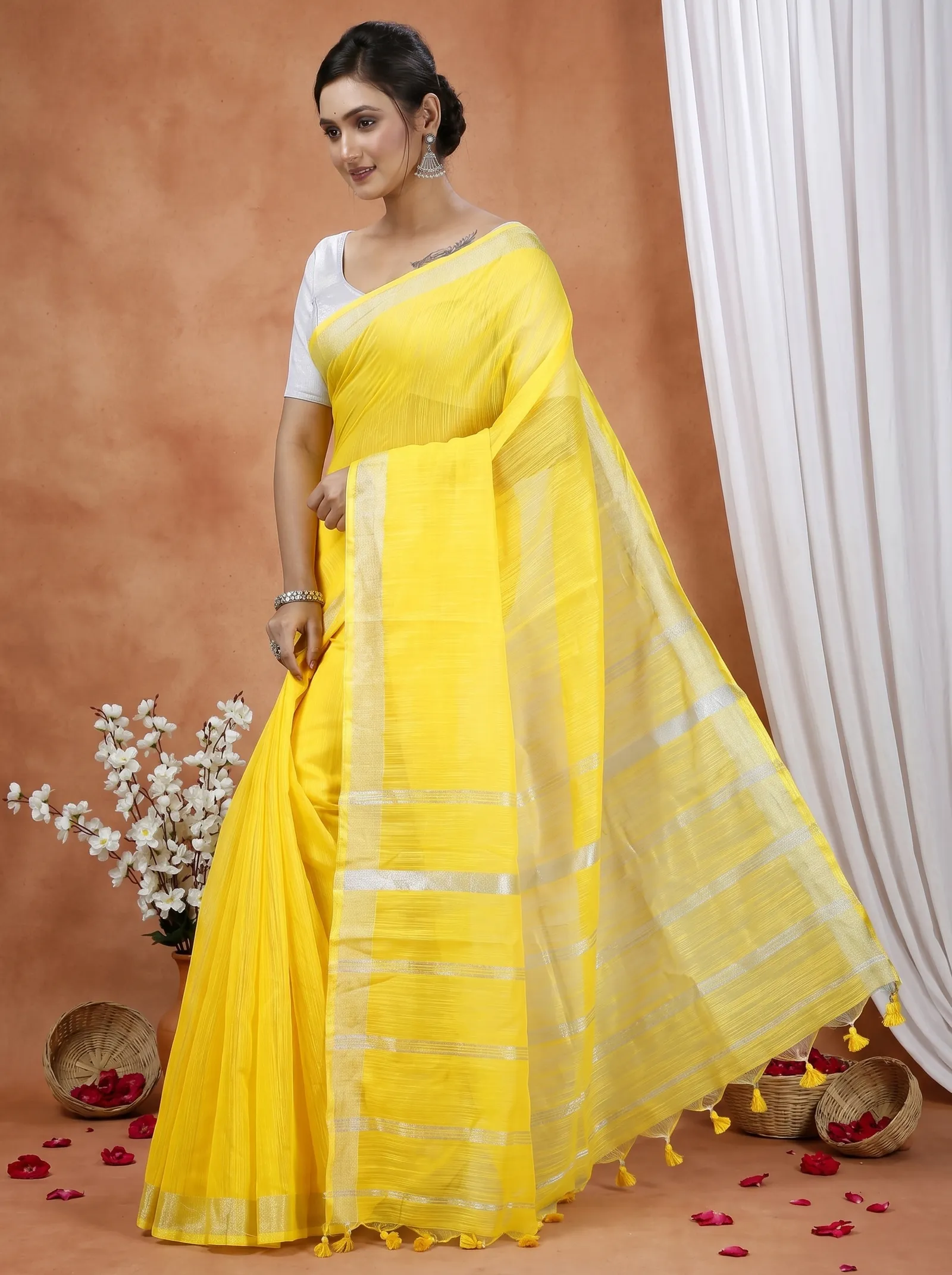 DipDiya Blended Cotton  Traditional Bengali Yellow Artisan Crafted Toshini Handloom Saree