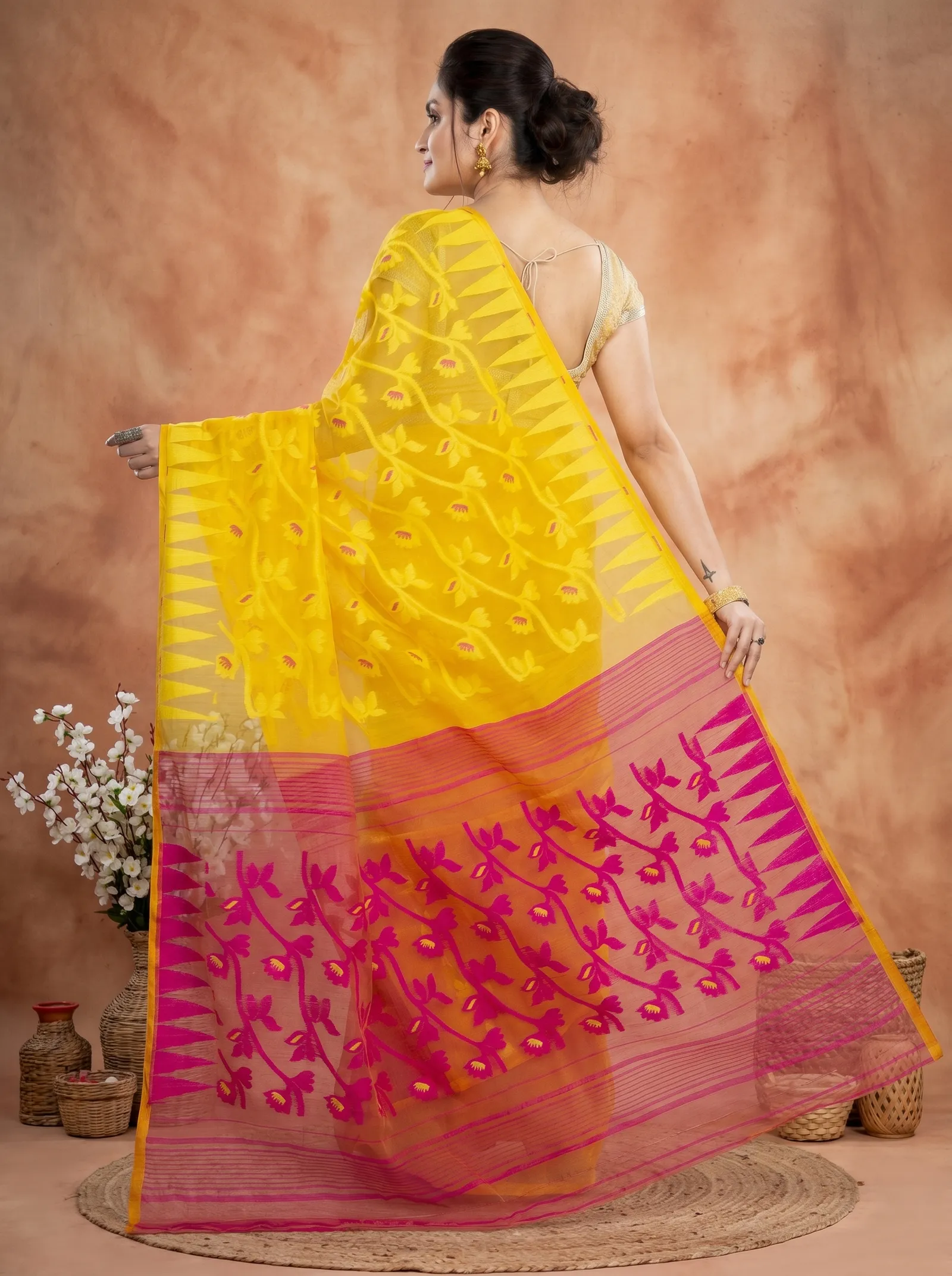 DipDiya Blended Cotton  Traditional Bengali Yellow Rani Artisan Crafted Moha Jamdani Jamdani Saree