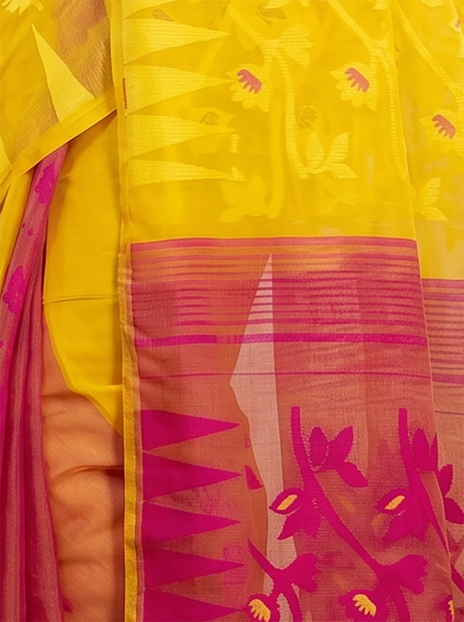 DipDiya Blended Cotton  Traditional Bengali Yellow Rani Artisan Crafted Moha Jamdani Jamdani Saree