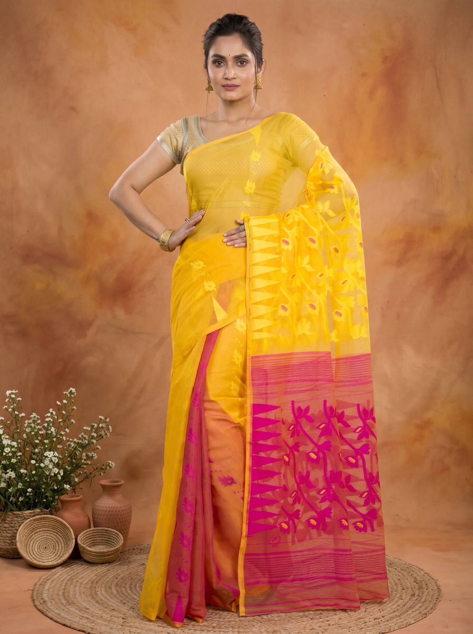 DipDiya Blended Cotton  Traditional Bengali Yellow Rani Artisan Crafted Moha Jamdani Jamdani Saree