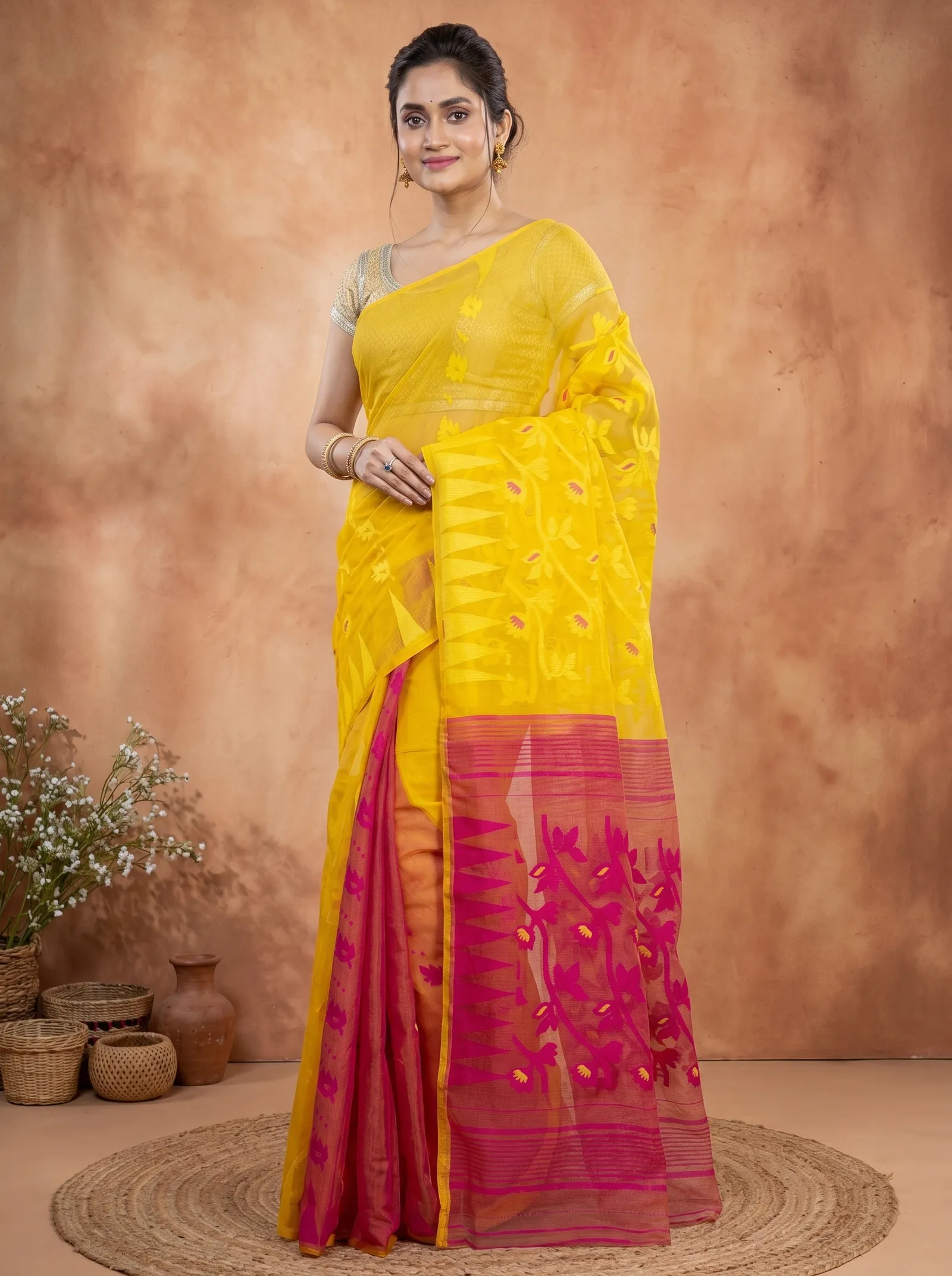 DipDiya Blended Cotton  Traditional Bengali Yellow Rani Artisan Crafted Moha Jamdani Jamdani Saree