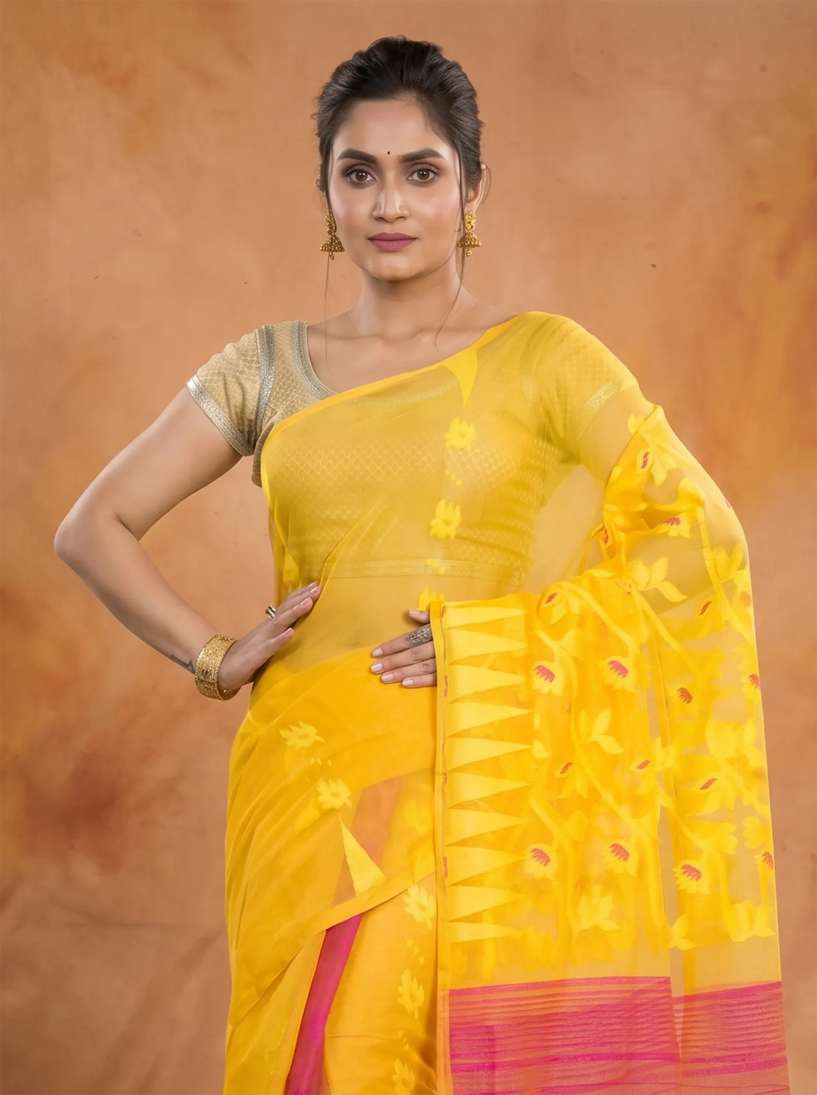 DipDiya Blended Cotton  Traditional Bengali Yellow Rani Artisan Crafted Moha Jamdani Jamdani Saree