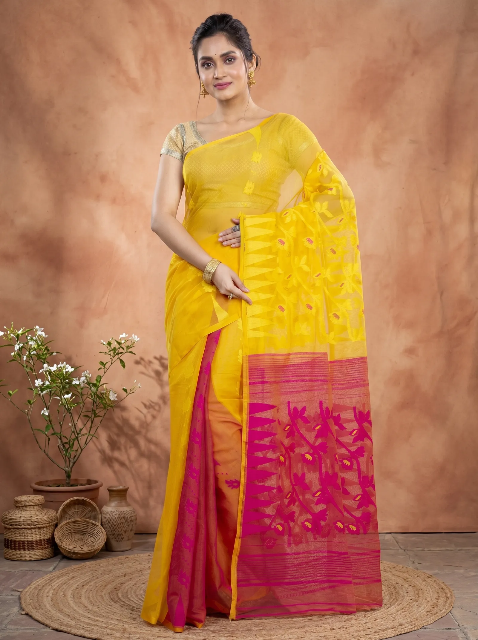 DipDiya Blended Cotton  Traditional Bengali Yellow Rani Artisan Crafted Moha Jamdani Jamdani Saree