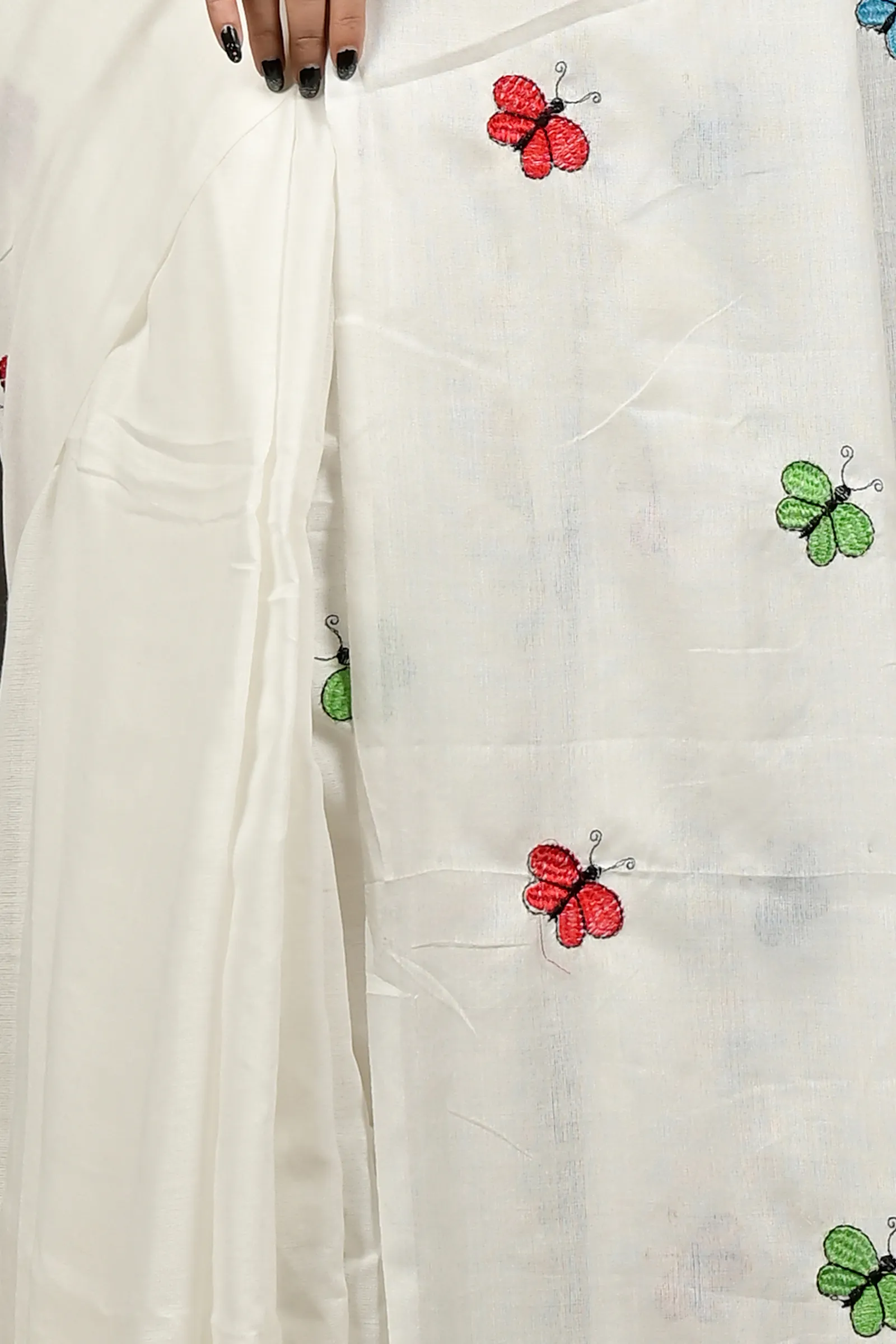 DipDiya Blended Cotton White Foyeli Pure Bengali Grace Embroidery Handloom sarees