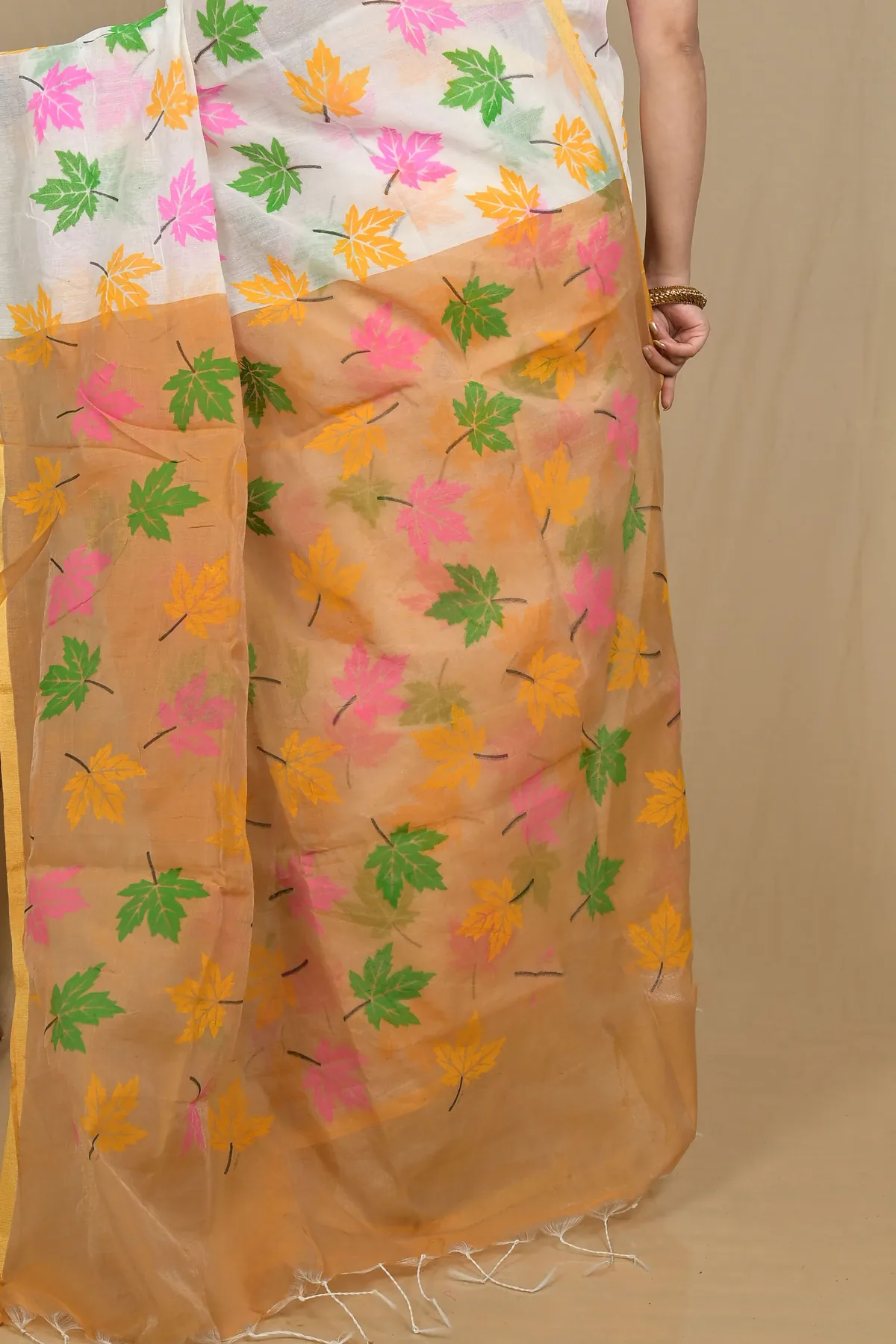 DipDiya Blended Cotton White Orange Pisha Stories of Bengal Handloom Sarees