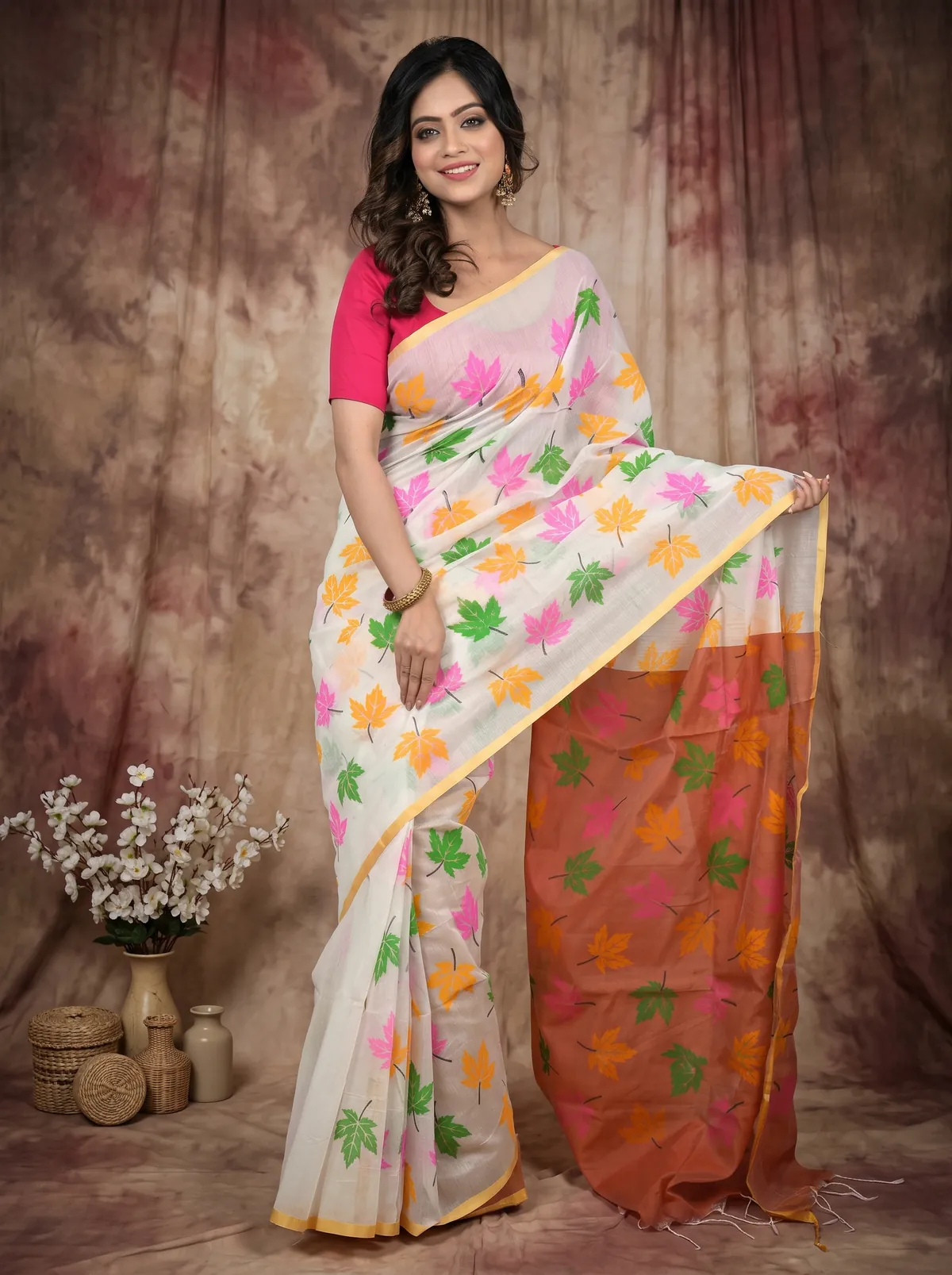 DipDiya Blended Cotton White Orange Pisha Stories of Bengal Handloom Sarees
