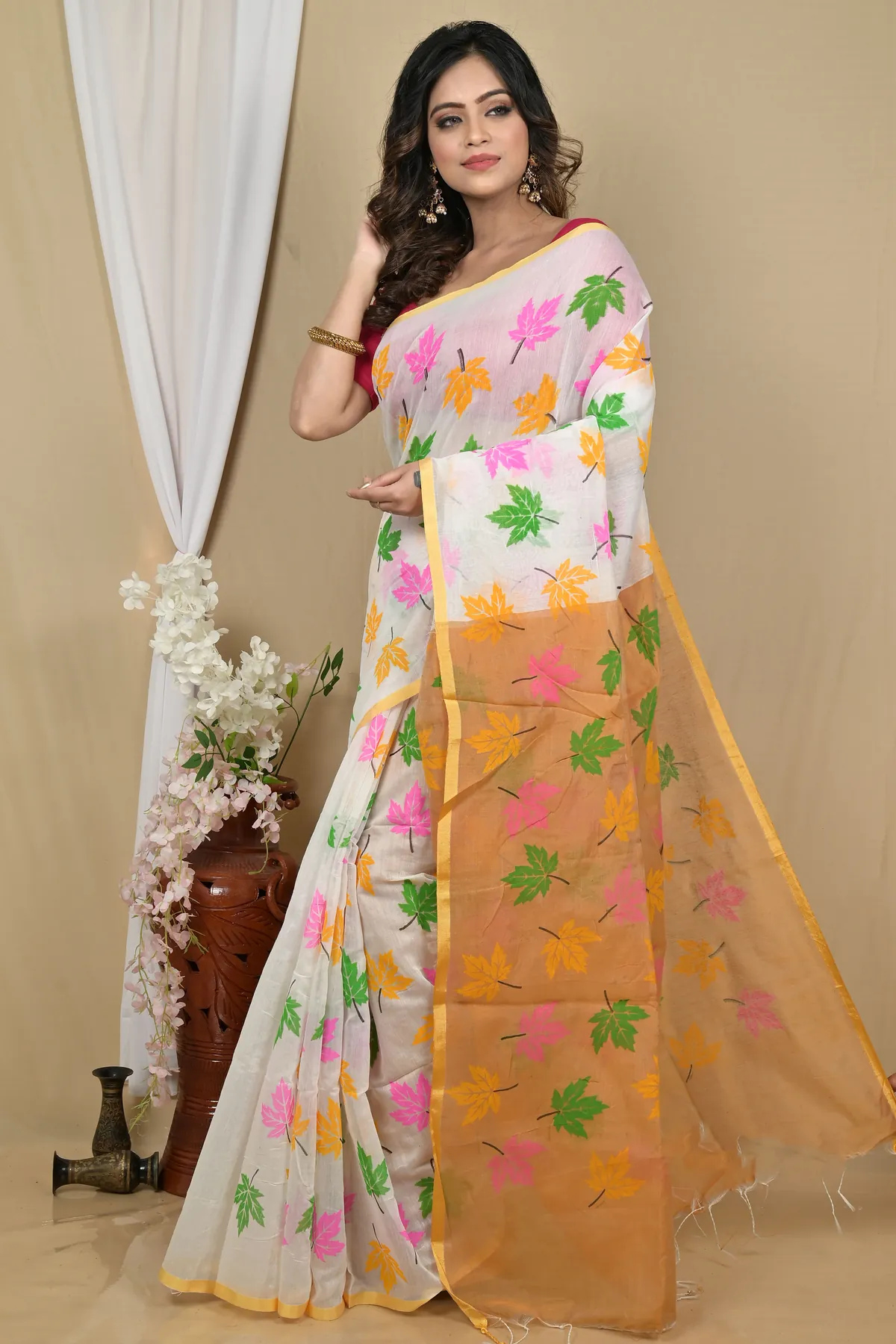 DipDiya Blended Cotton White Orange Pisha Stories of Bengal Handloom Sarees