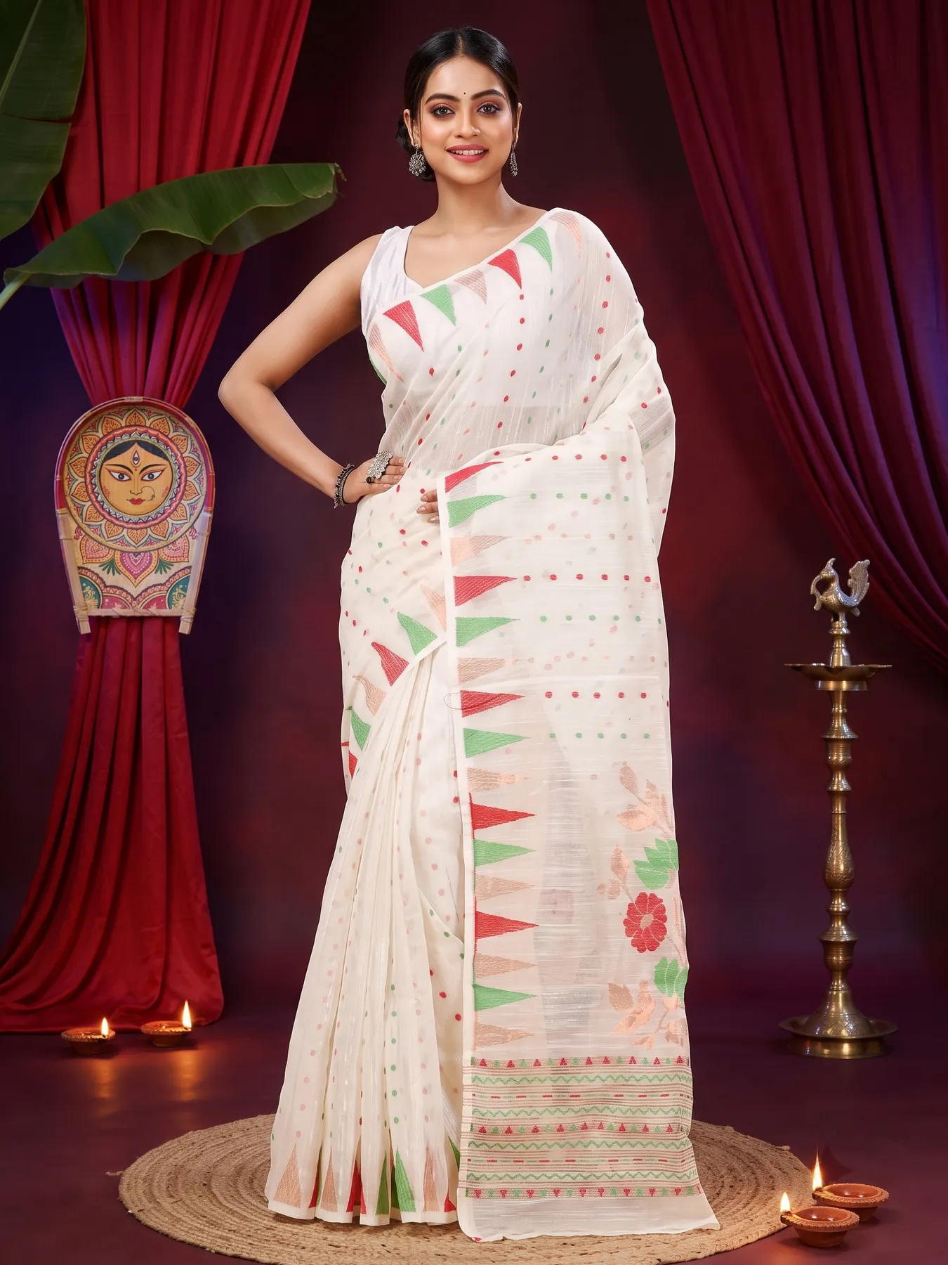 DipDiya Blended Cotton White Pilu The Bengali Classic Handloom Sarees