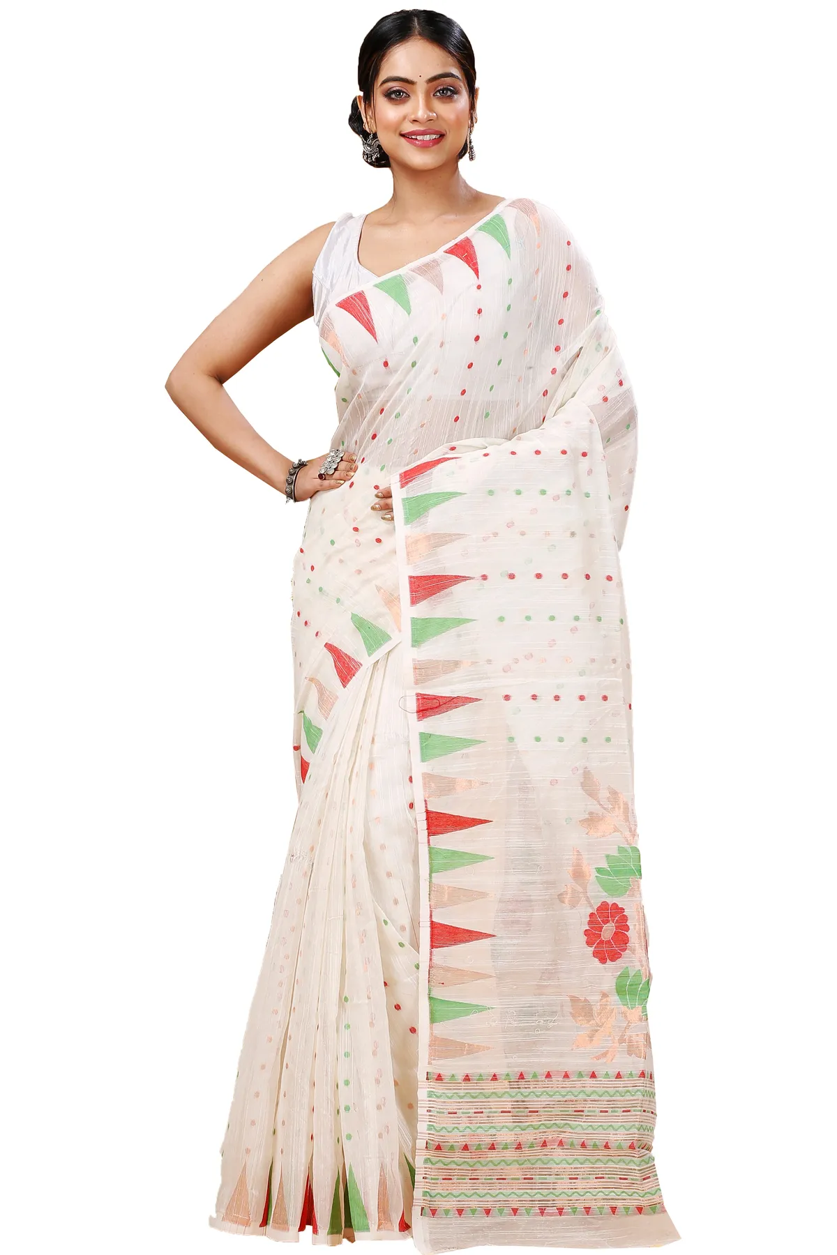 DipDiya Blended Cotton White Pilu The Bengali Classic Handloom Sarees