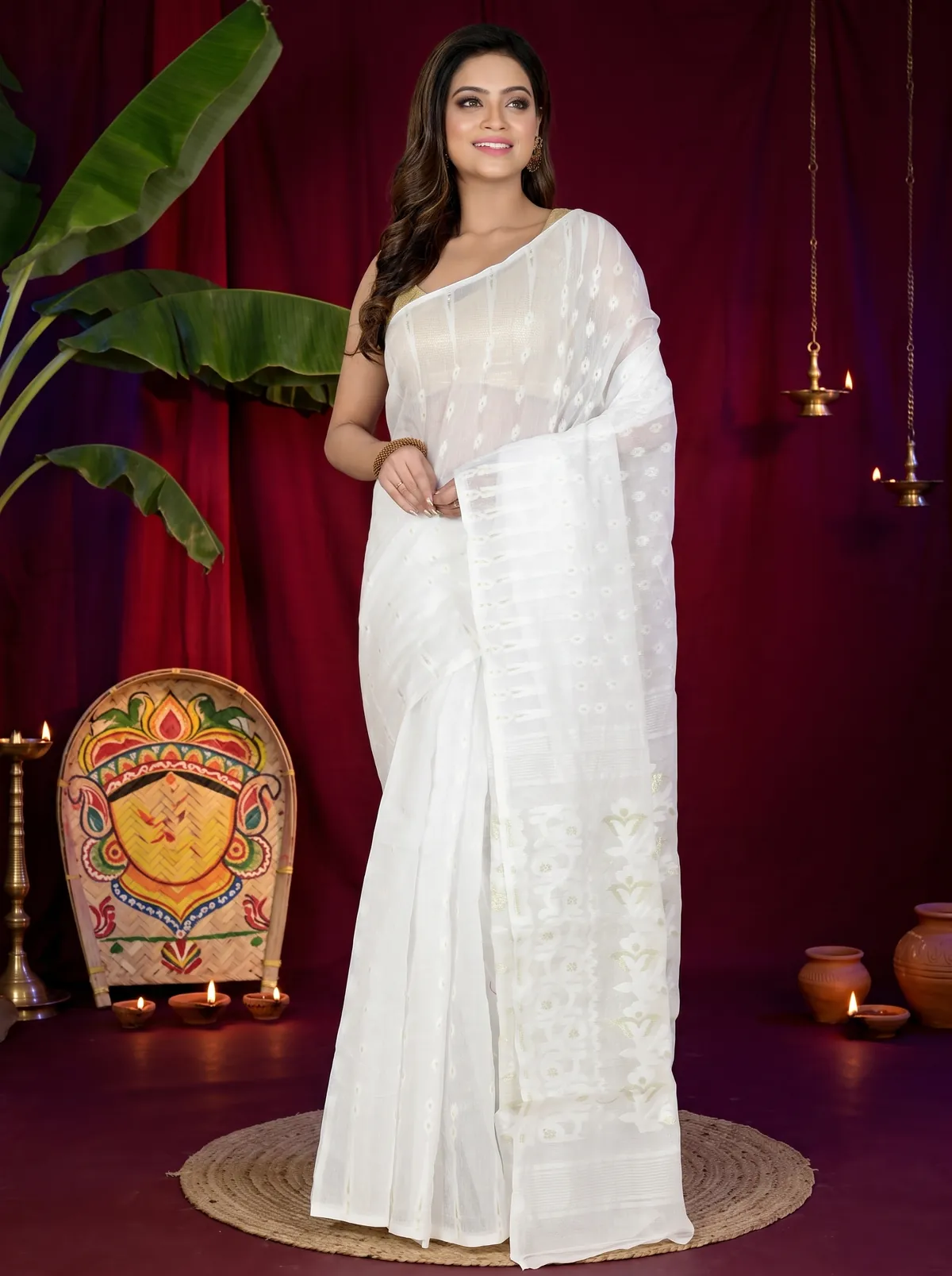 DipDiya Blended Cotton White Rapial The Bengali Classic Jamdani Sarees