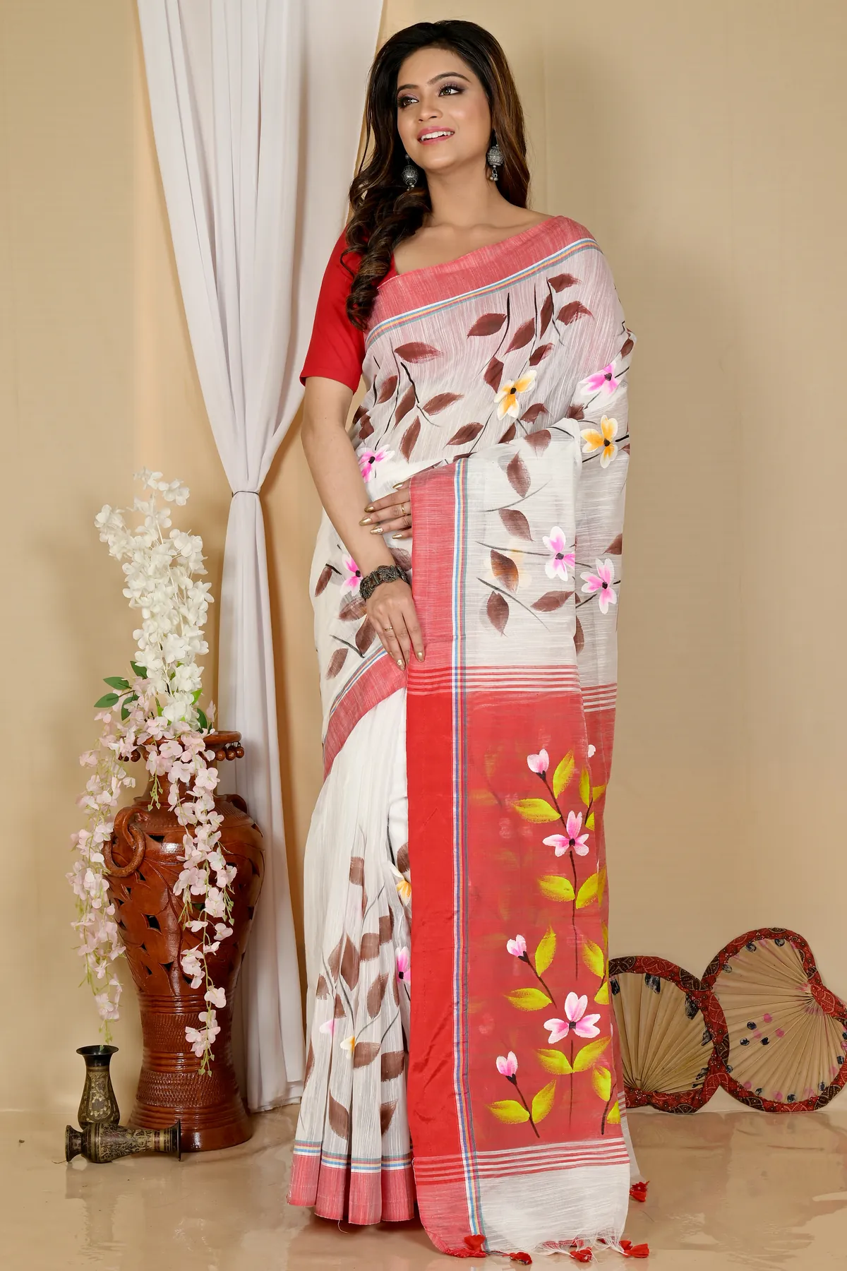 DipDiya Blended Cotton White Red Slabakato Heritage of Bengal Hand Painted Sarees
