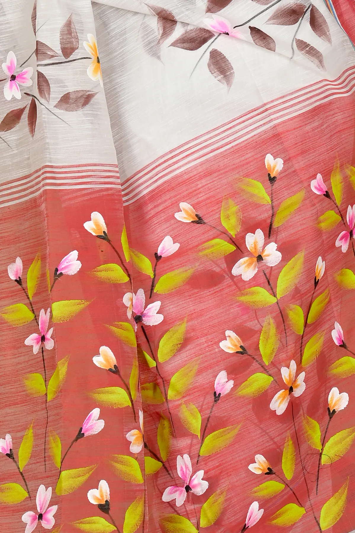 DipDiya Blended Cotton White Red Slabakato Heritage of Bengal Hand Painted Sarees