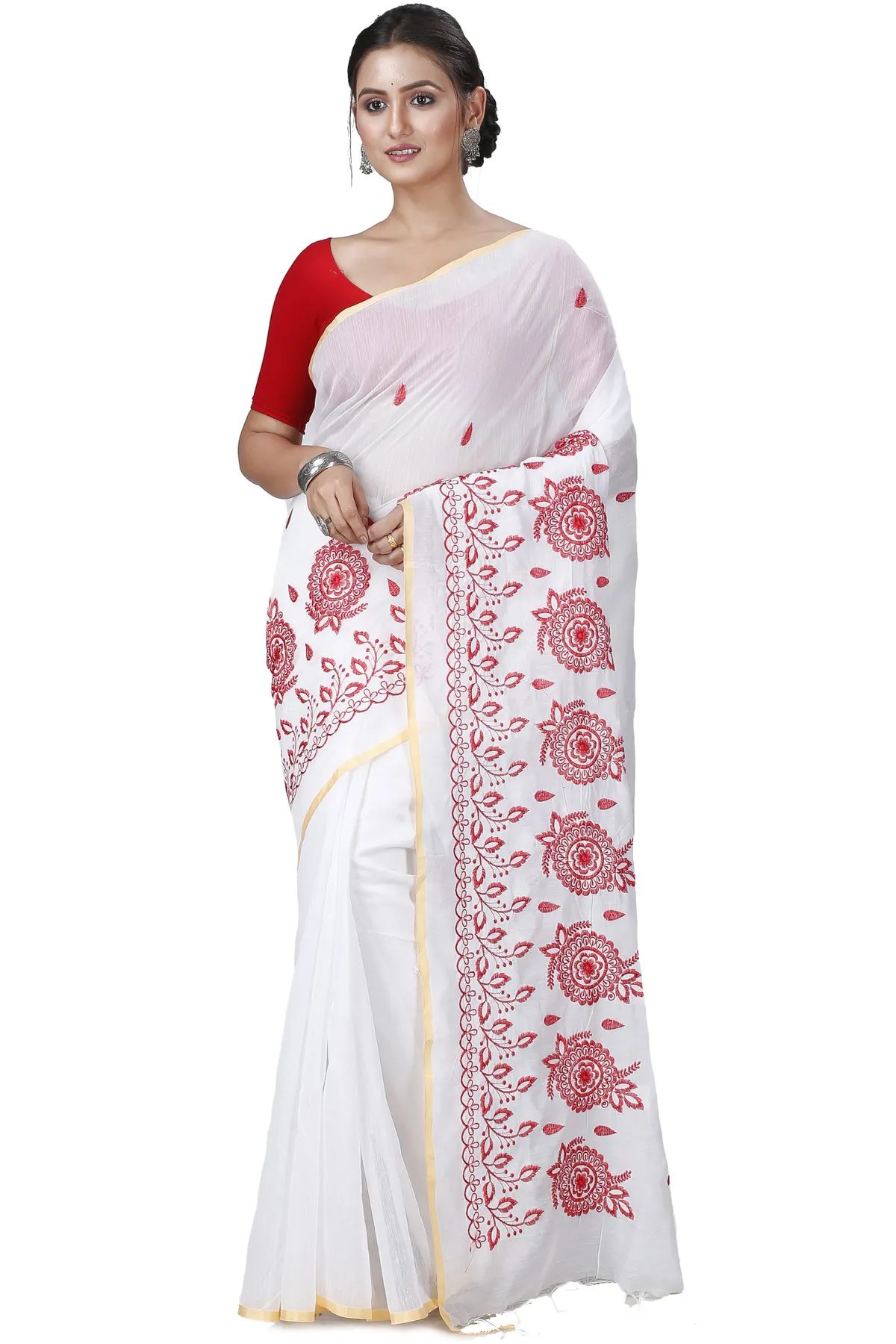 DipDiya Blended Cotton White Tabu Wrapped in Heritage Handloom Sarees