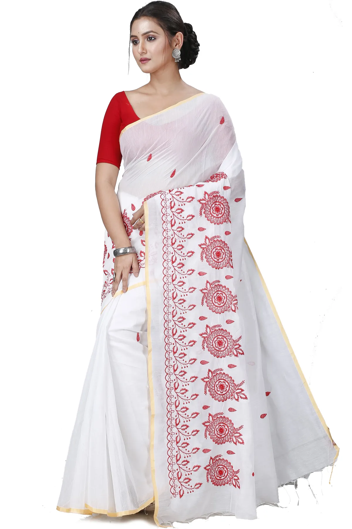 DipDiya Blended Cotton White Tabu Wrapped in Heritage Handloom Sarees