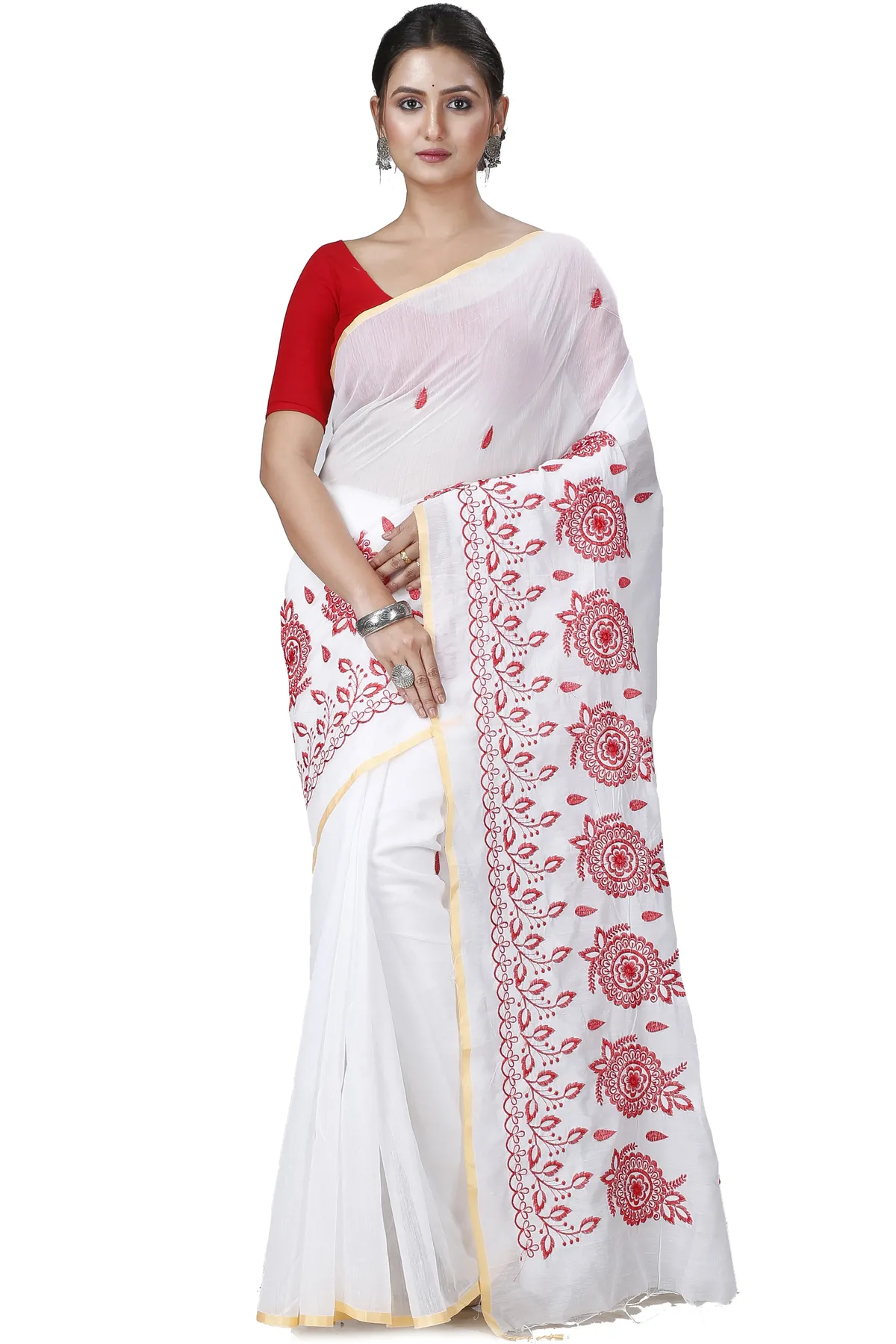 DipDiya Blended Cotton White Tabu Wrapped in Heritage Handloom Sarees