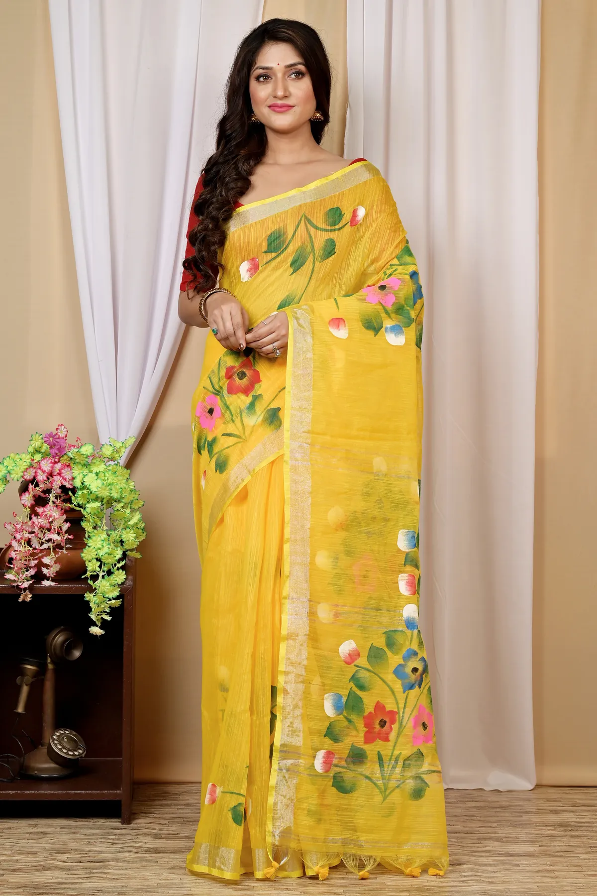 DipDiya Blended Cotton Yellow Anito Threads of Tradition Hand Painted Sarees