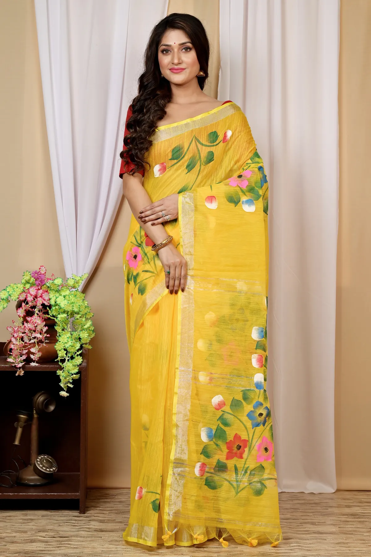 DipDiya Blended Cotton Yellow Anito Threads of Tradition Hand Painted Sarees