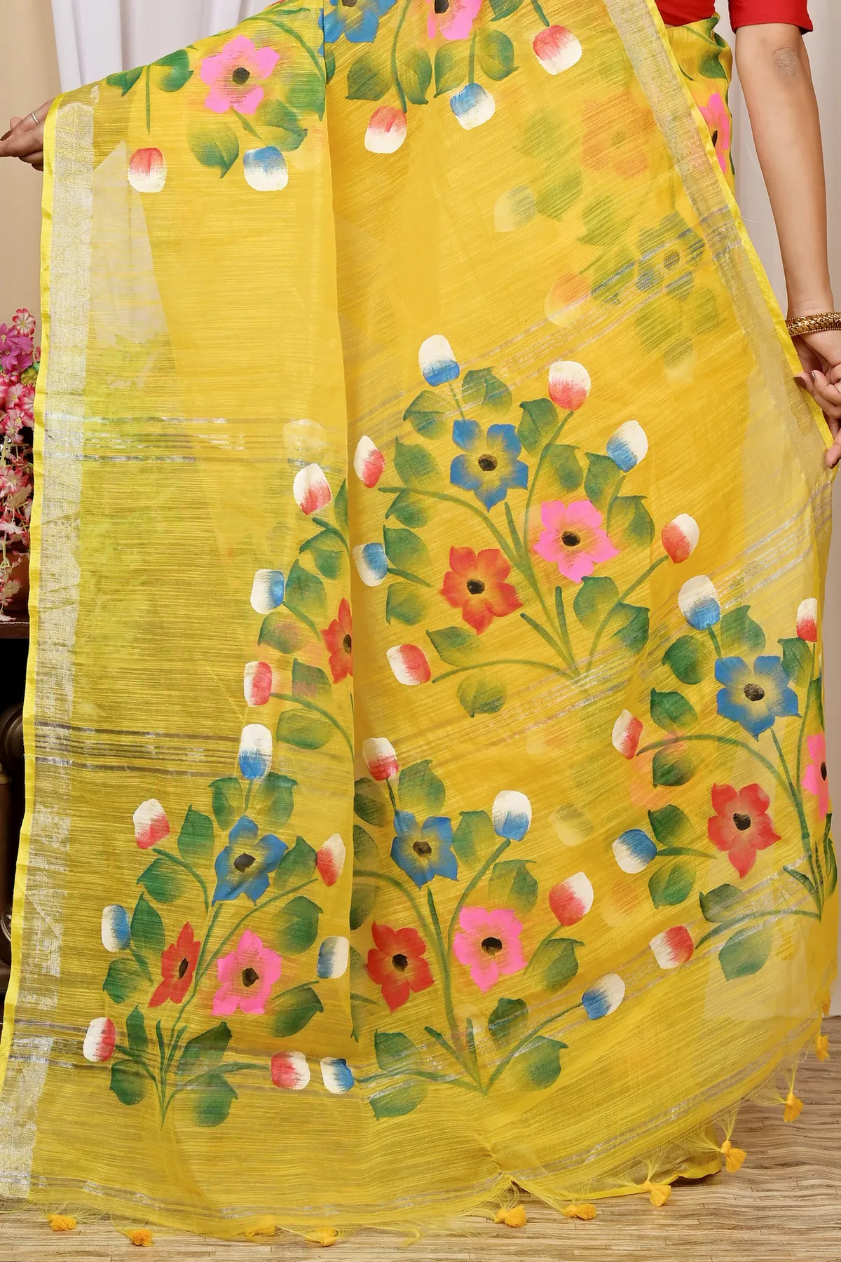 DipDiya Blended Cotton Yellow Anito Threads of Tradition Hand Painted Sarees