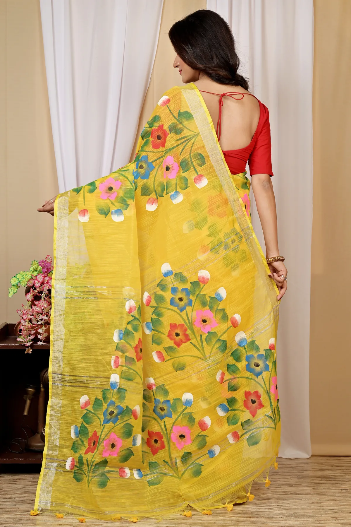 DipDiya Blended Cotton Yellow Anito Threads of Tradition Hand Painted Sarees