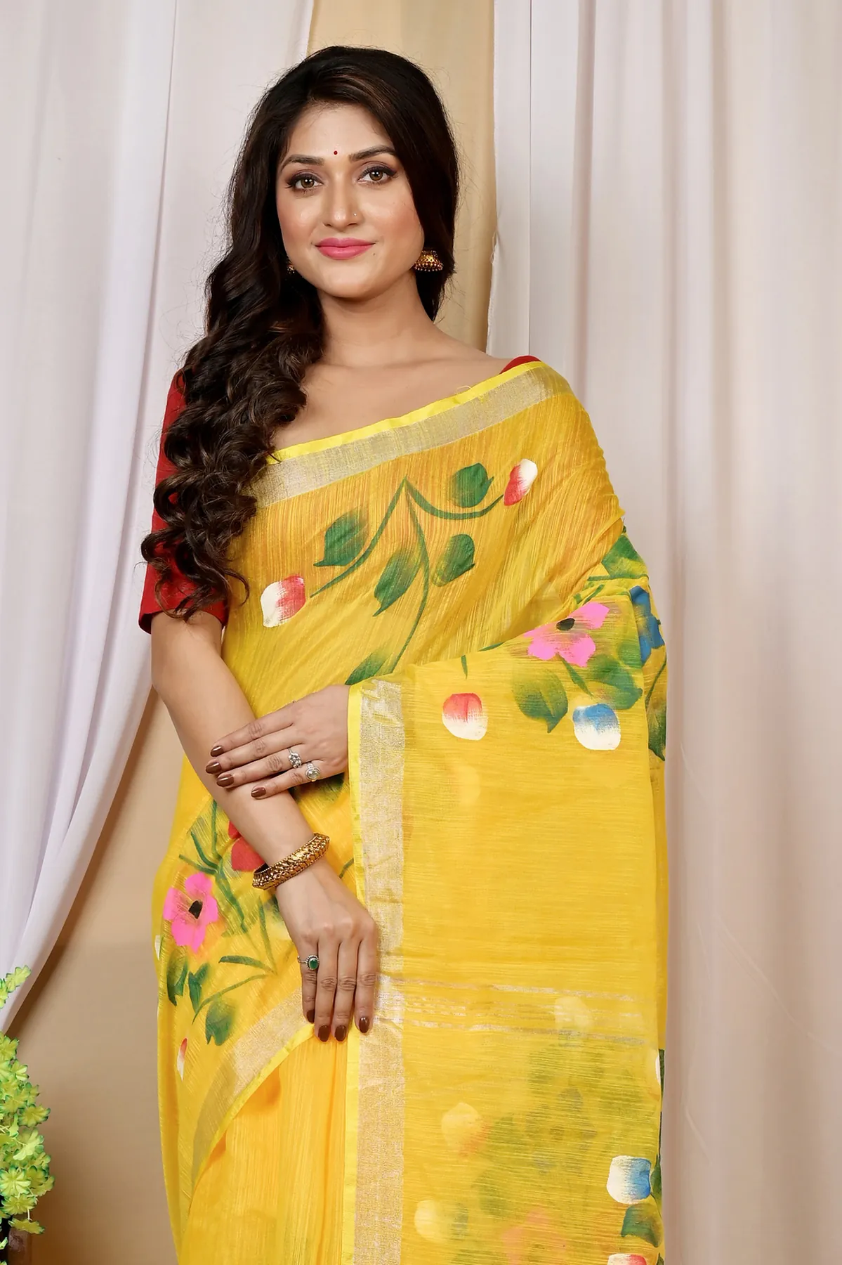 DipDiya Blended Cotton Yellow Anito Threads of Tradition Hand Painted Sarees
