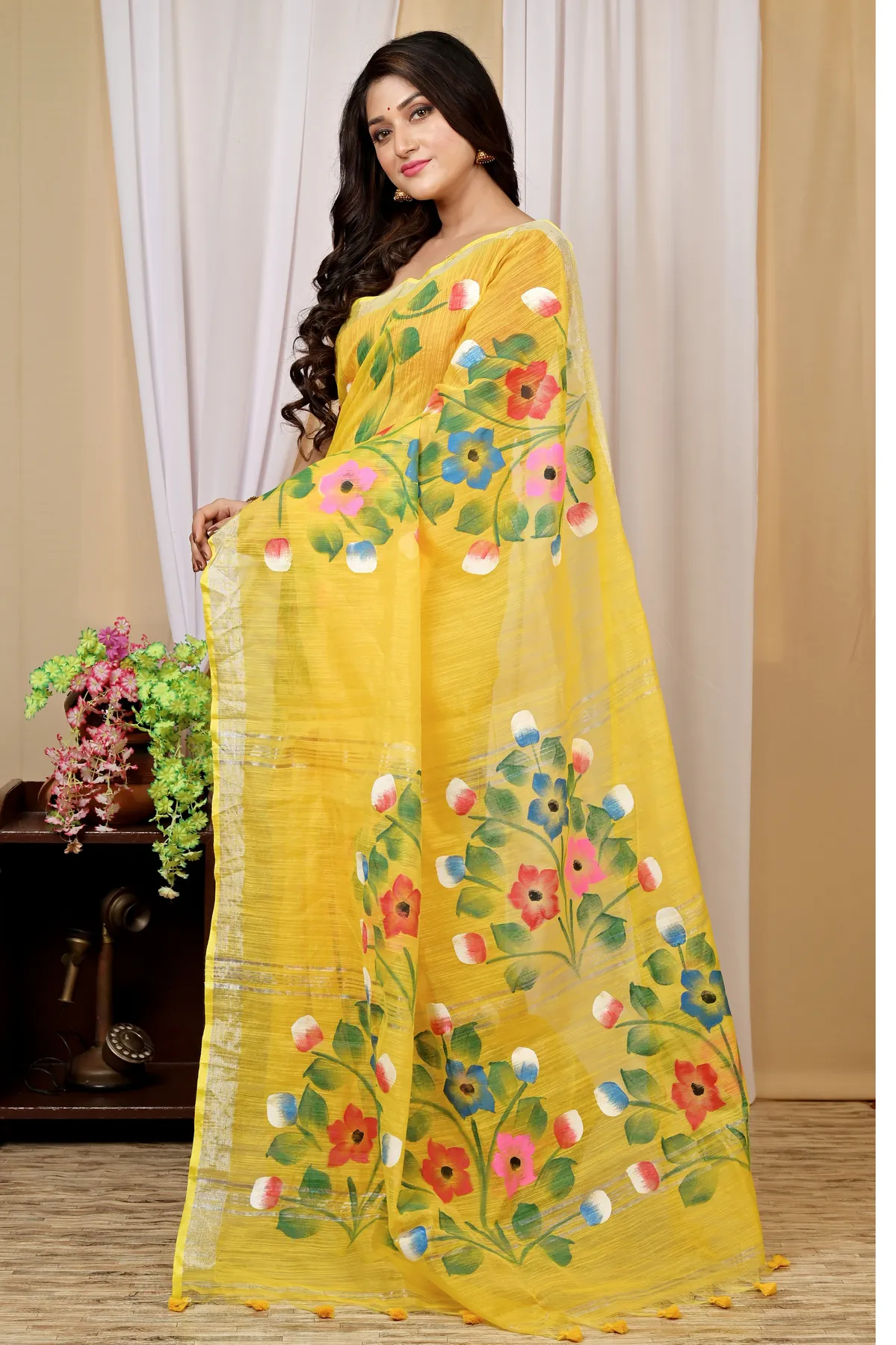 DipDiya Blended Cotton Yellow Anito Threads of Tradition Hand Painted Sarees