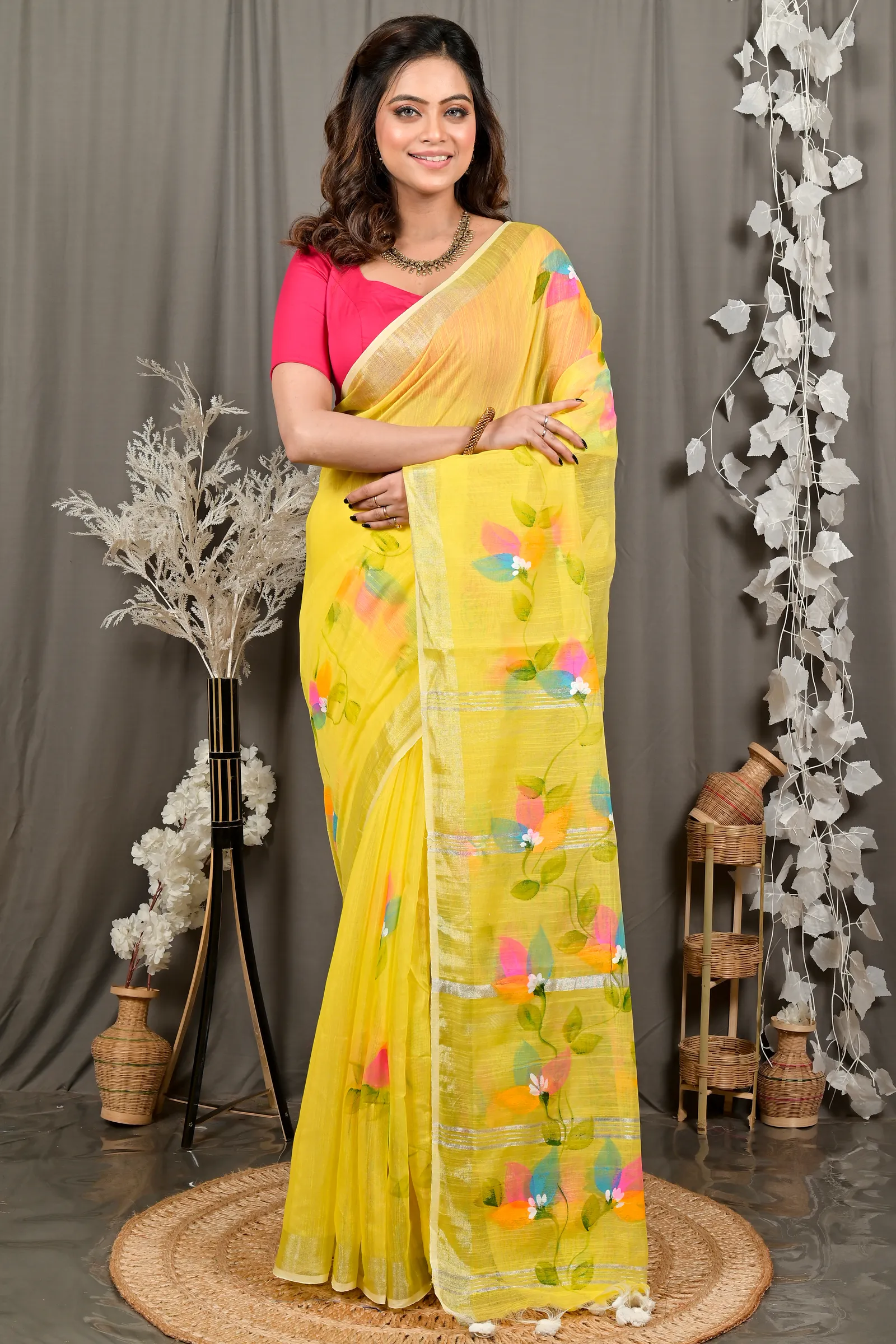 DipDiya Blended Cotton Yellow Finesi Masterfully Woven Hand Painted Sarees