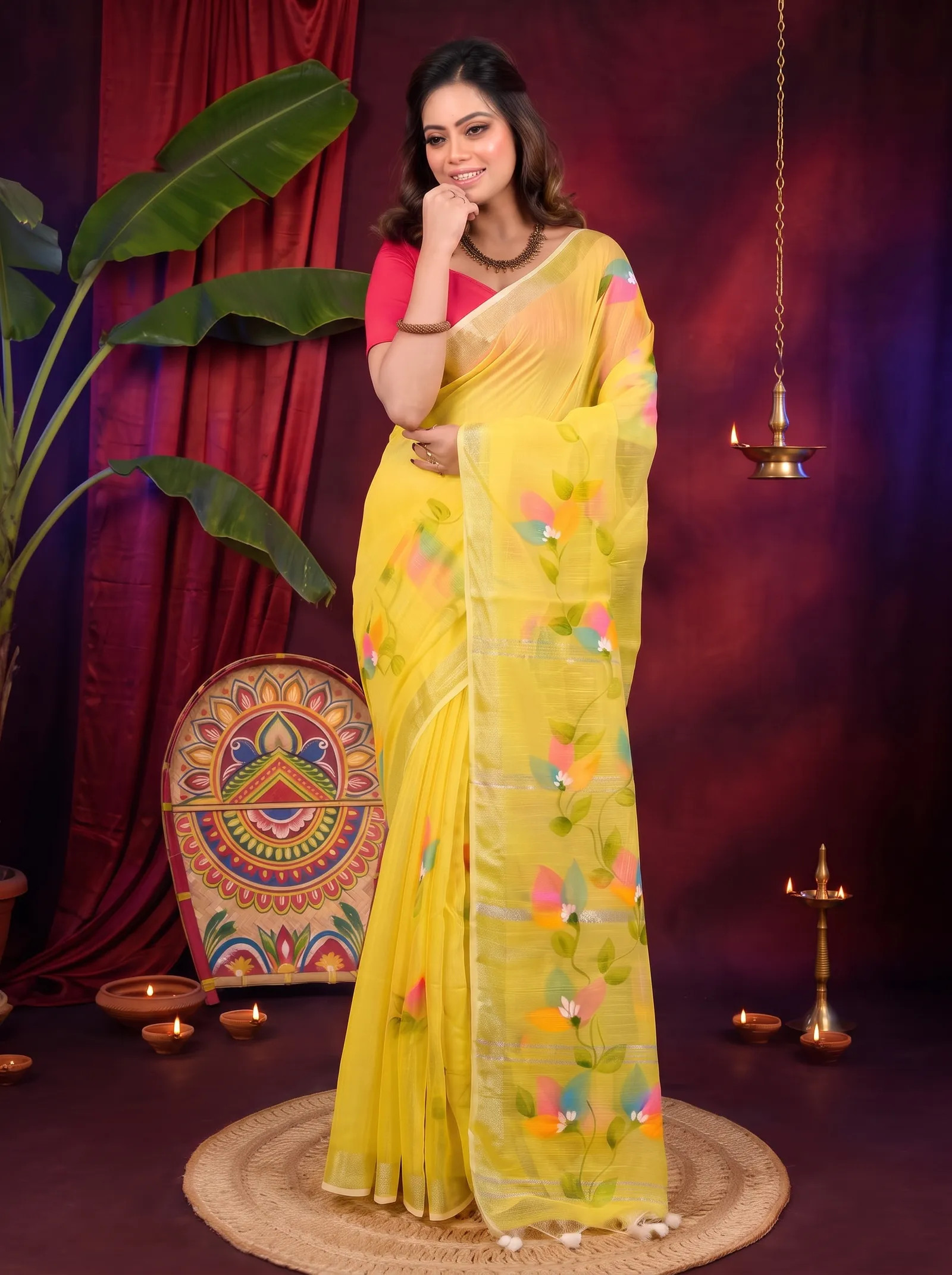 DipDiya Blended Cotton Yellow Finesi Masterfully Woven Hand Painted Sarees