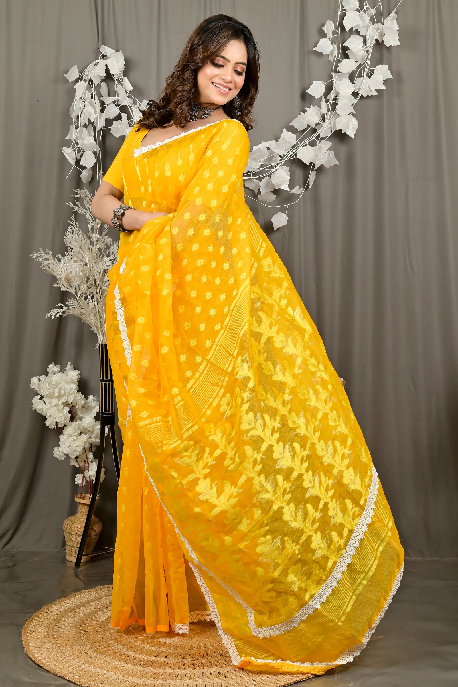 DipDiya Blended Cotton Yellow Fipui A Legacy Woven Jamdani Sarees
