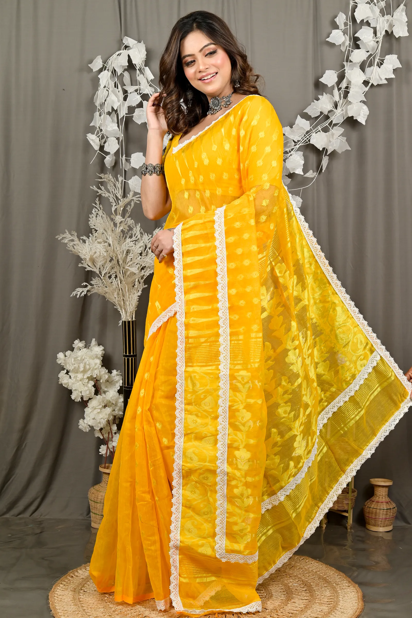 DipDiya Blended Cotton Yellow Fipui A Legacy Woven Jamdani Sarees