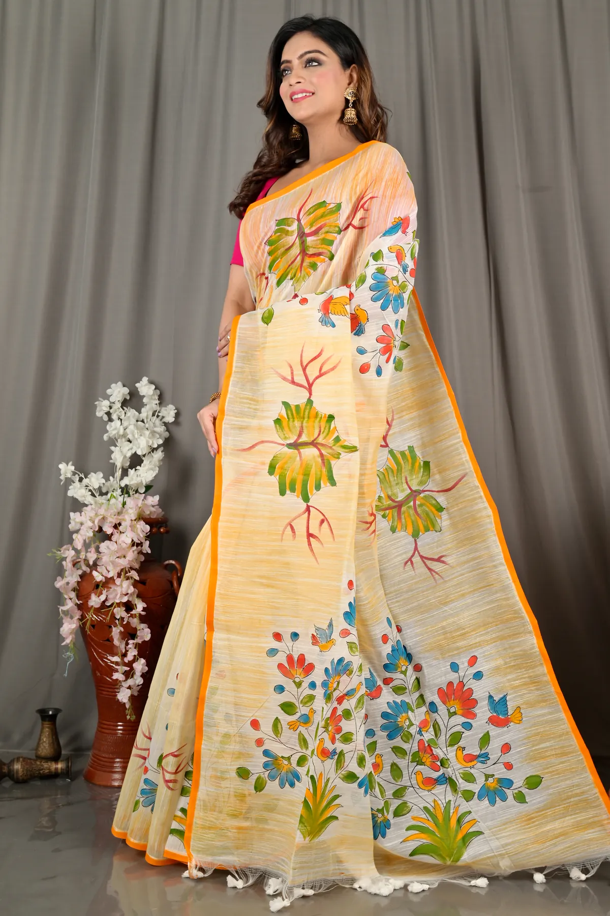 DipDiya Blended Cotton Yellow Korma Heritage You Can Wear Printed Handloom Sarees