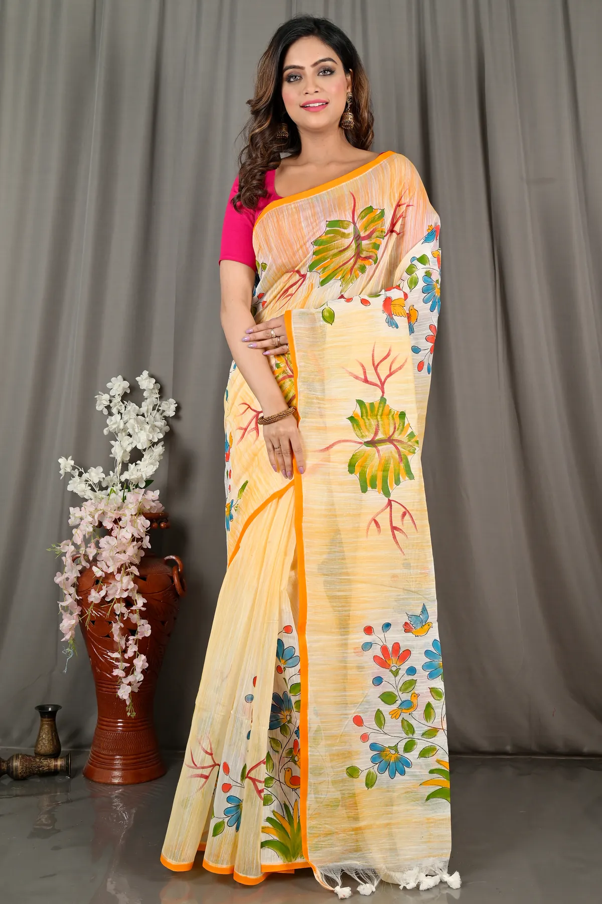 DipDiya Blended Cotton Yellow Korma Heritage You Can Wear Printed Handloom Sarees