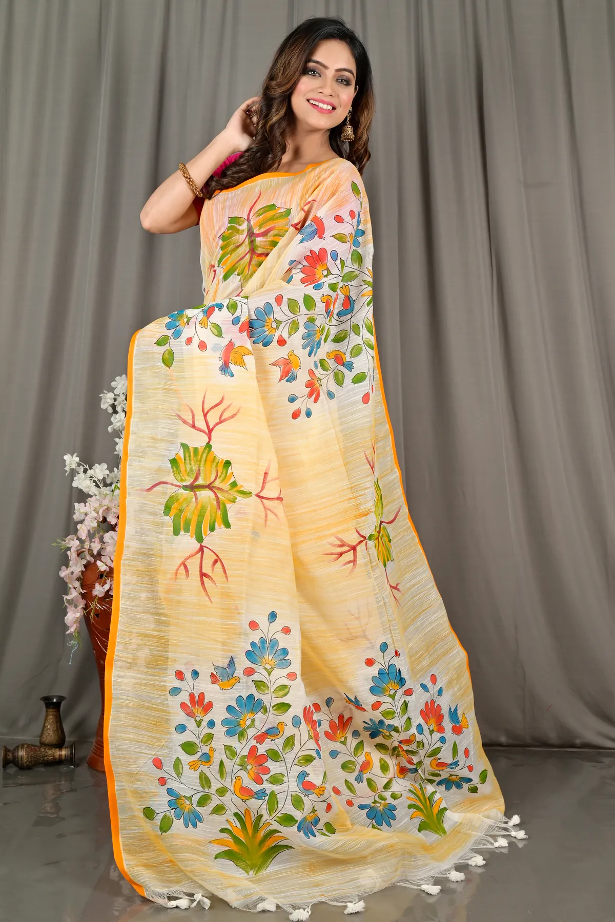 DipDiya Blended Cotton Yellow Korma Heritage You Can Wear Printed Handloom Sarees
