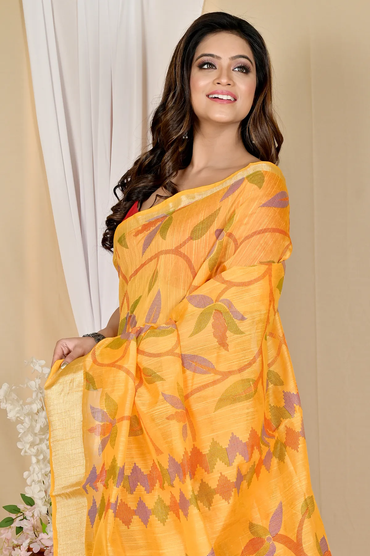 DipDiya Blended Cotton Yellow Narento Timeless Bengal Handloom Sarees