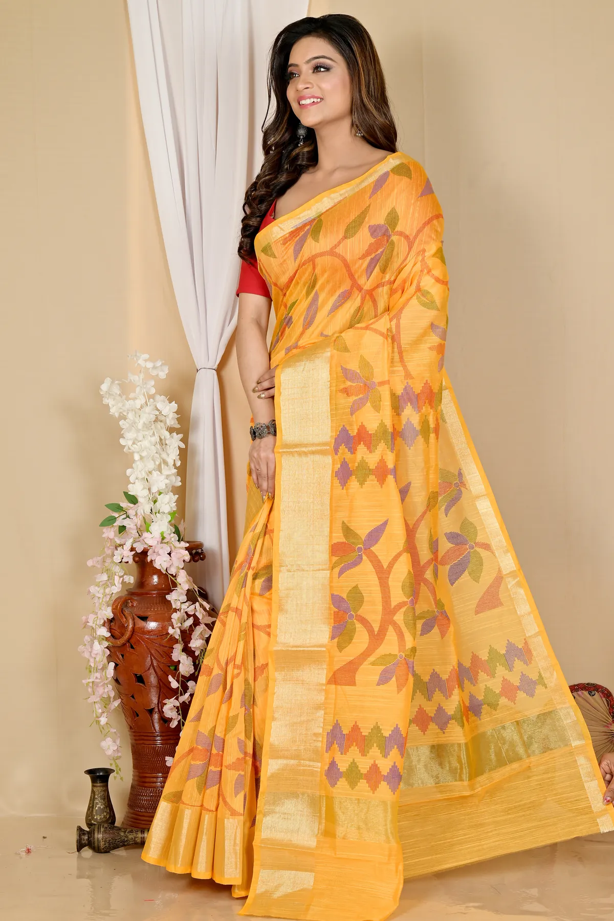 DipDiya Blended Cotton Yellow Narento Timeless Bengal Handloom Sarees