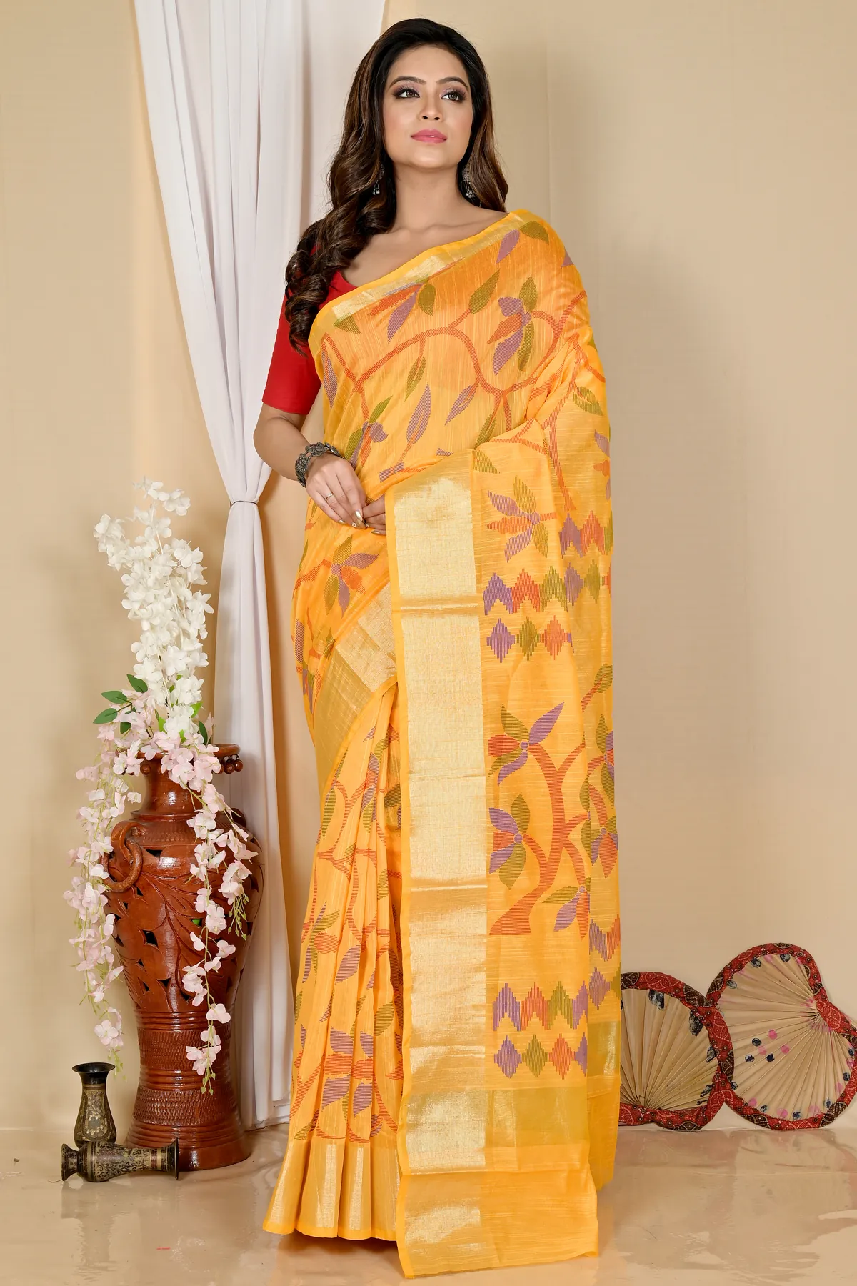 DipDiya Blended Cotton Yellow Narento Timeless Bengal Handloom Sarees