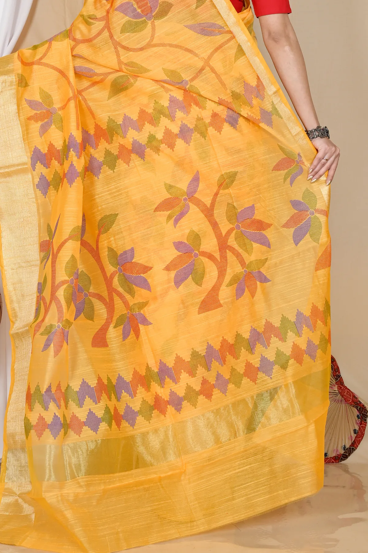 DipDiya Blended Cotton Yellow Narento Timeless Bengal Handloom Sarees